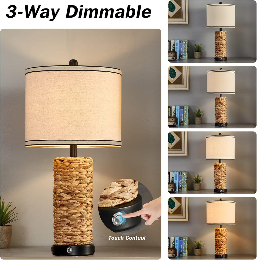 GyroVu Rattan Table Lamp Set of 2, Wicker Lamps, Dimmable Touch Seagrass Table lamp with 2 USB Ports and 1 AC Outlet for Bedroom Nightstand Table, Livingroom End Table, Bulbs Include