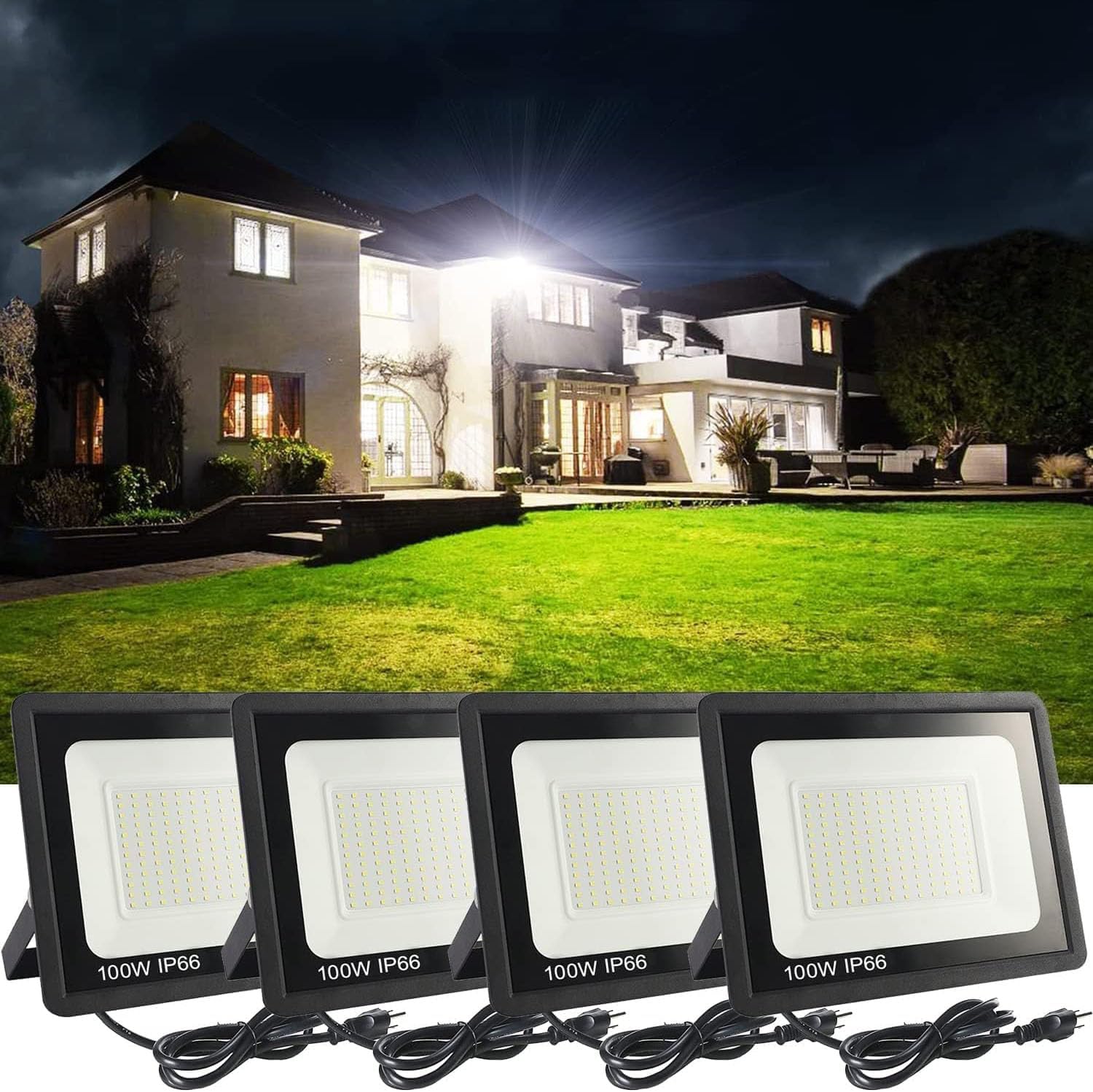 MUCLUD 4Pack LED Flood Light Outdoor,100W LED Work Light 11000lmwith 6FT US Plug,IP66 Waterproof Exterior Security Lights,6000K Daylight White Outside Floodlights Slim Design for Playground Yard