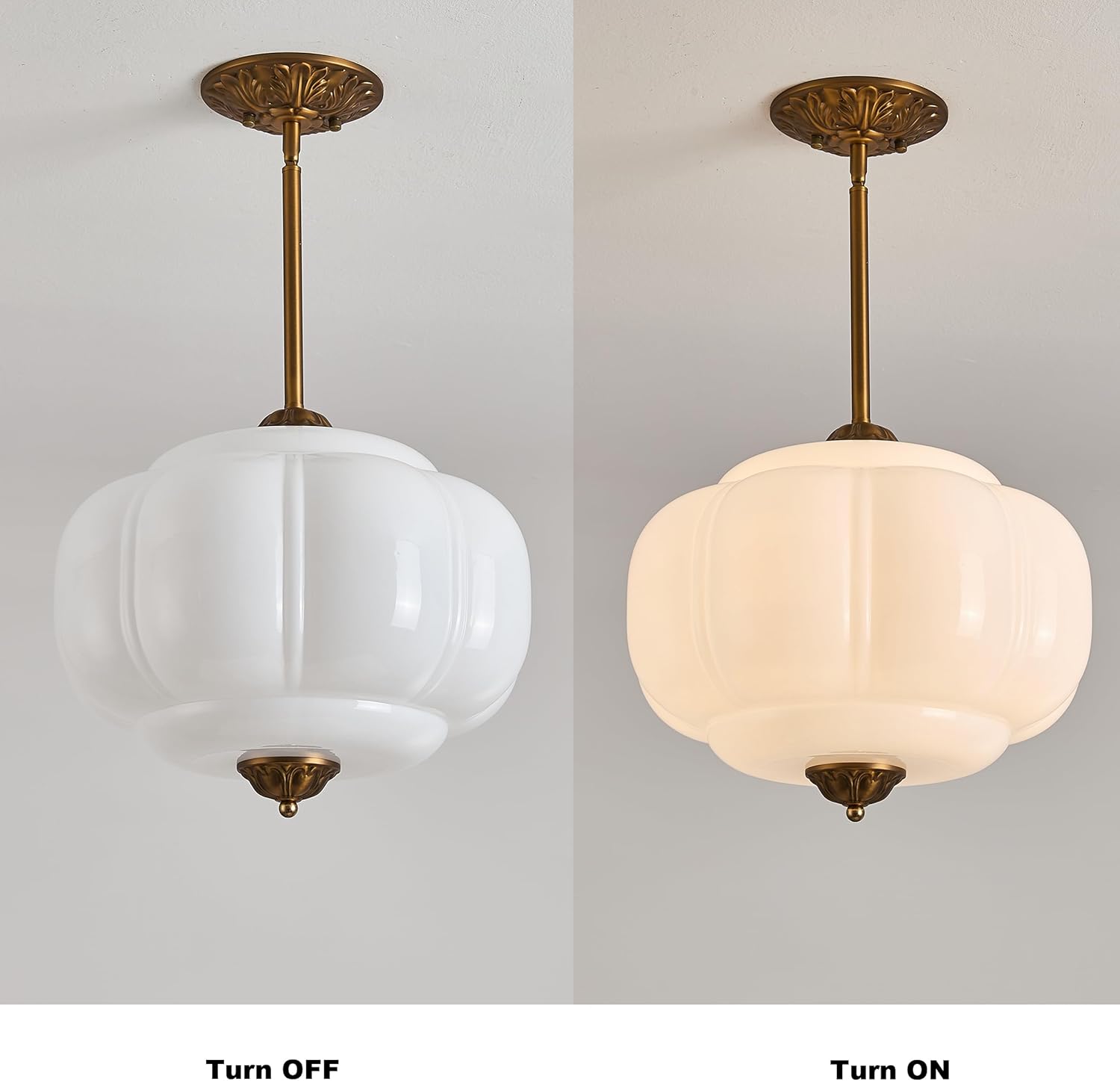 Glazart Luxa Milk Glass Ceiling Light Fixture, 15" Vintage Semi Flush Mount Pendant Light with Antique Brass Finish, Schoolhouse Light Fixture - Antique Chandelier for Kitchen, Hallway, Dining Room