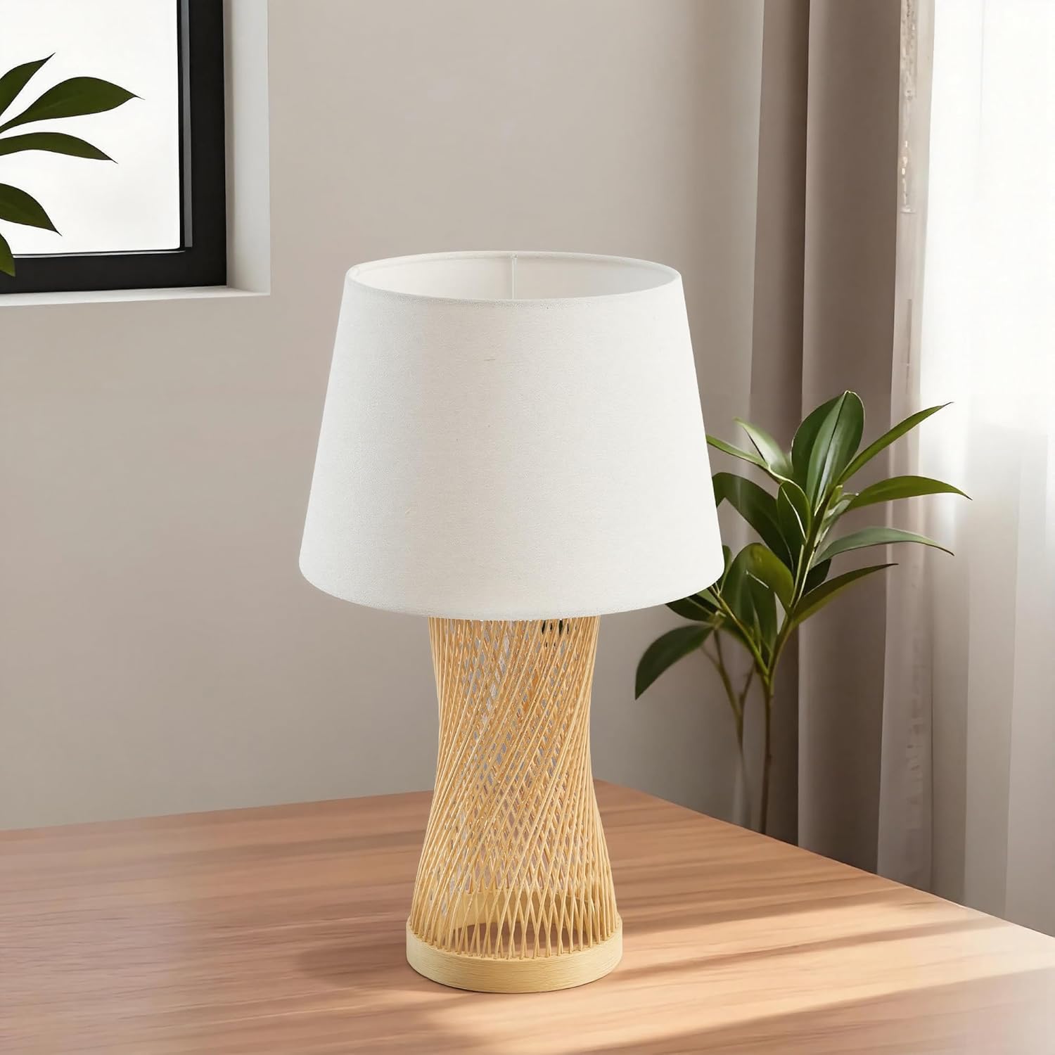 Booniture Handwoven Bamboo Table Lamp,Boho Style Bedside Lamp with Linen Shade,Natural Bamboo Weave Desk Lamp for Bedroom Living Room Tea Room,Beige
