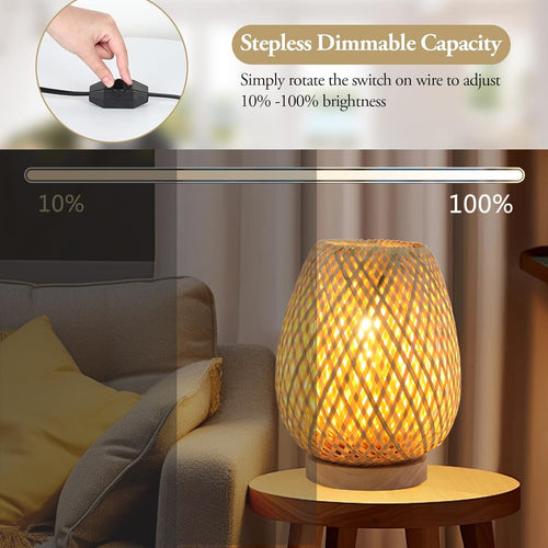 Boho Table Lamp Dimmable Small Rattan Nightstand Lamps For End Table Side, Vintage Wicker Wooden Bamboo Woven Desk bedside Lamps for Bedroom Living Room Kids Room, 2700K T45 LED Bulb Included