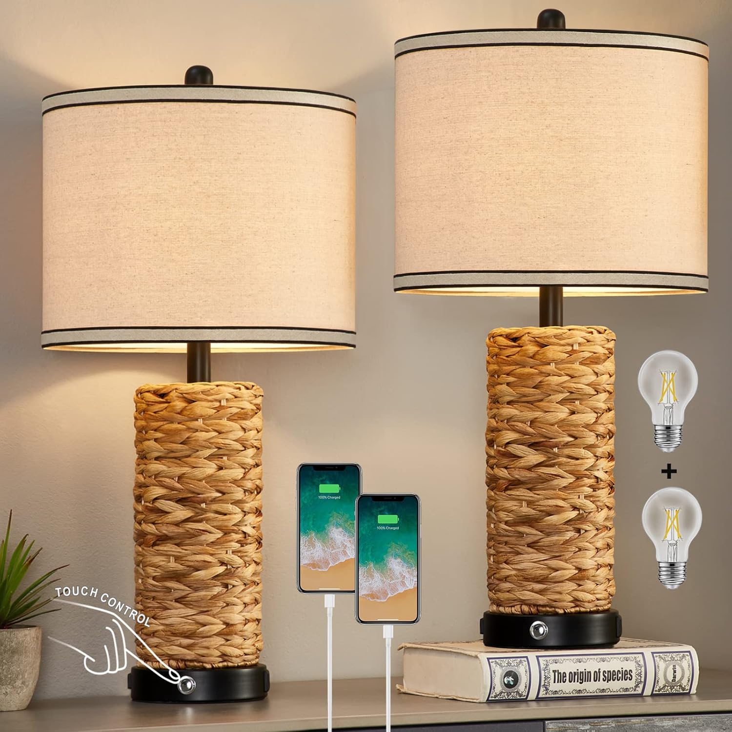 GyroVu Rattan Table Lamp Set of 2, Wicker Lamps, Dimmable Touch Seagrass Table lamp with 2 USB Ports and 1 AC Outlet for Bedroom Nightstand Table, Livingroom End Table, Bulbs Include