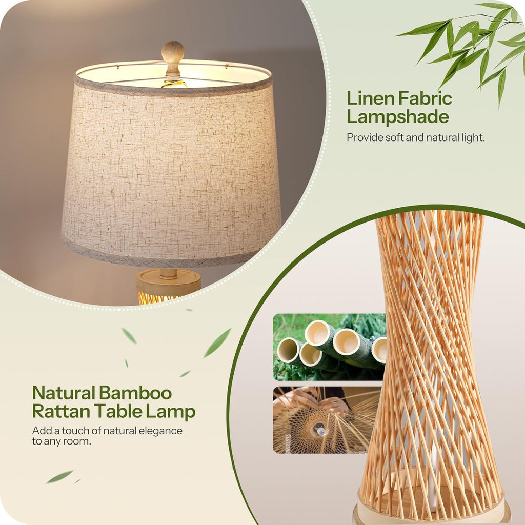24.4” Farmhouse Rattan Table Lamps Set of 2, Touch Bedside Lamps for Bedroom with 3-Way Dimmable Night Light, USB A+C Charging Ports, Bamboo Boho Nightstand Lamp with Beige Linen Shade H04TL05