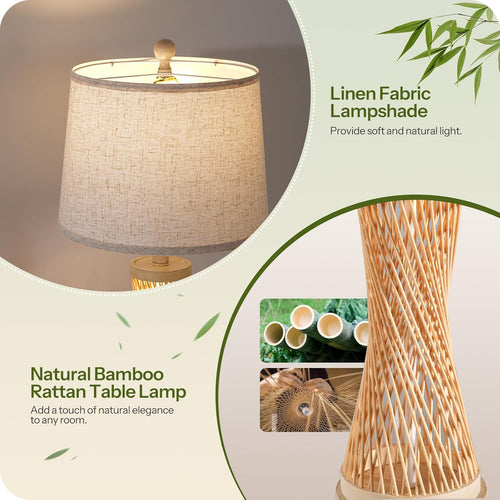 24.4” Farmhouse Rattan Table Lamps Set of 2, Touch Bedside Lamps for Bedroom with 3-Way Dimmable Night Light, USB A+C Charging Ports, Bamboo Boho Nightstand Lamp with Beige Linen Shade H04TL05