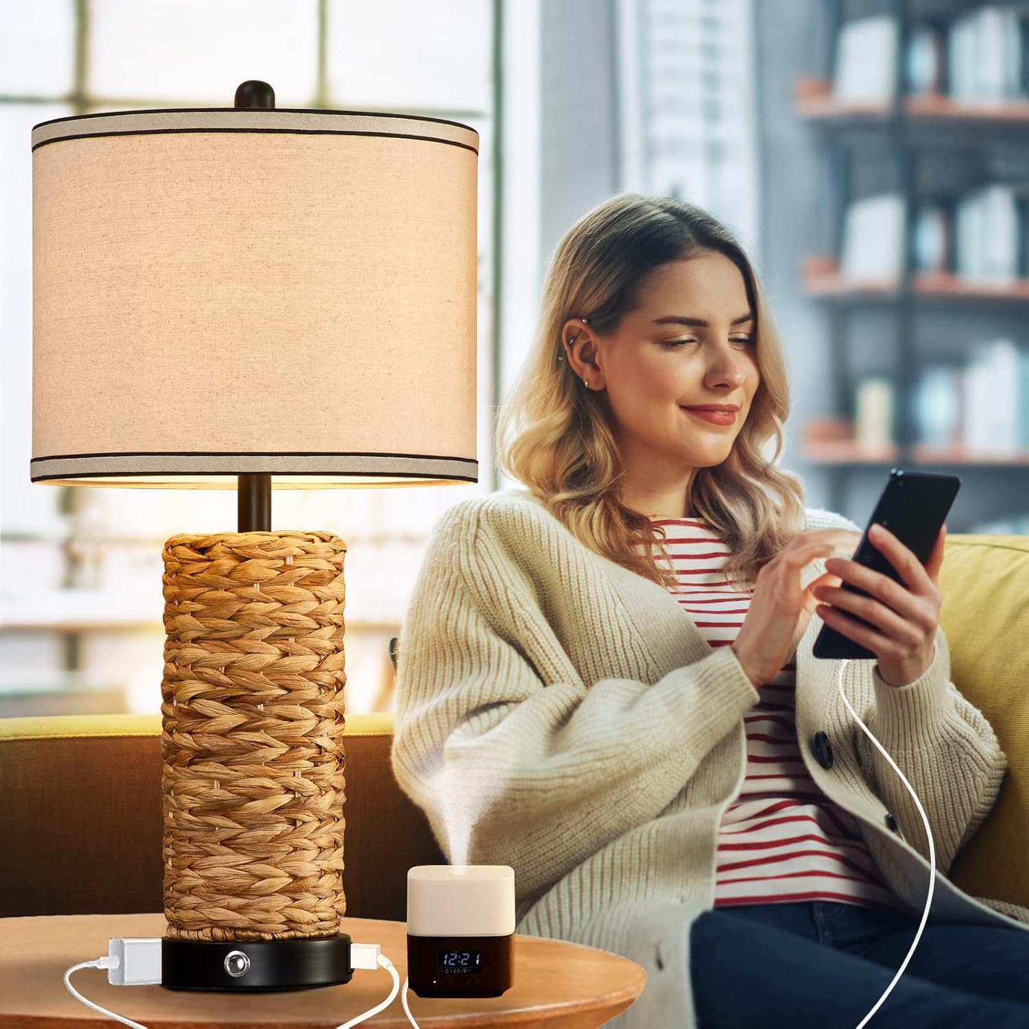 GyroVu Rattan Table Lamp Set of 2, Wicker Lamps, Dimmable Touch Seagrass Table lamp with 2 USB Ports and 1 AC Outlet for Bedroom Nightstand Table, Livingroom End Table, Bulbs Include