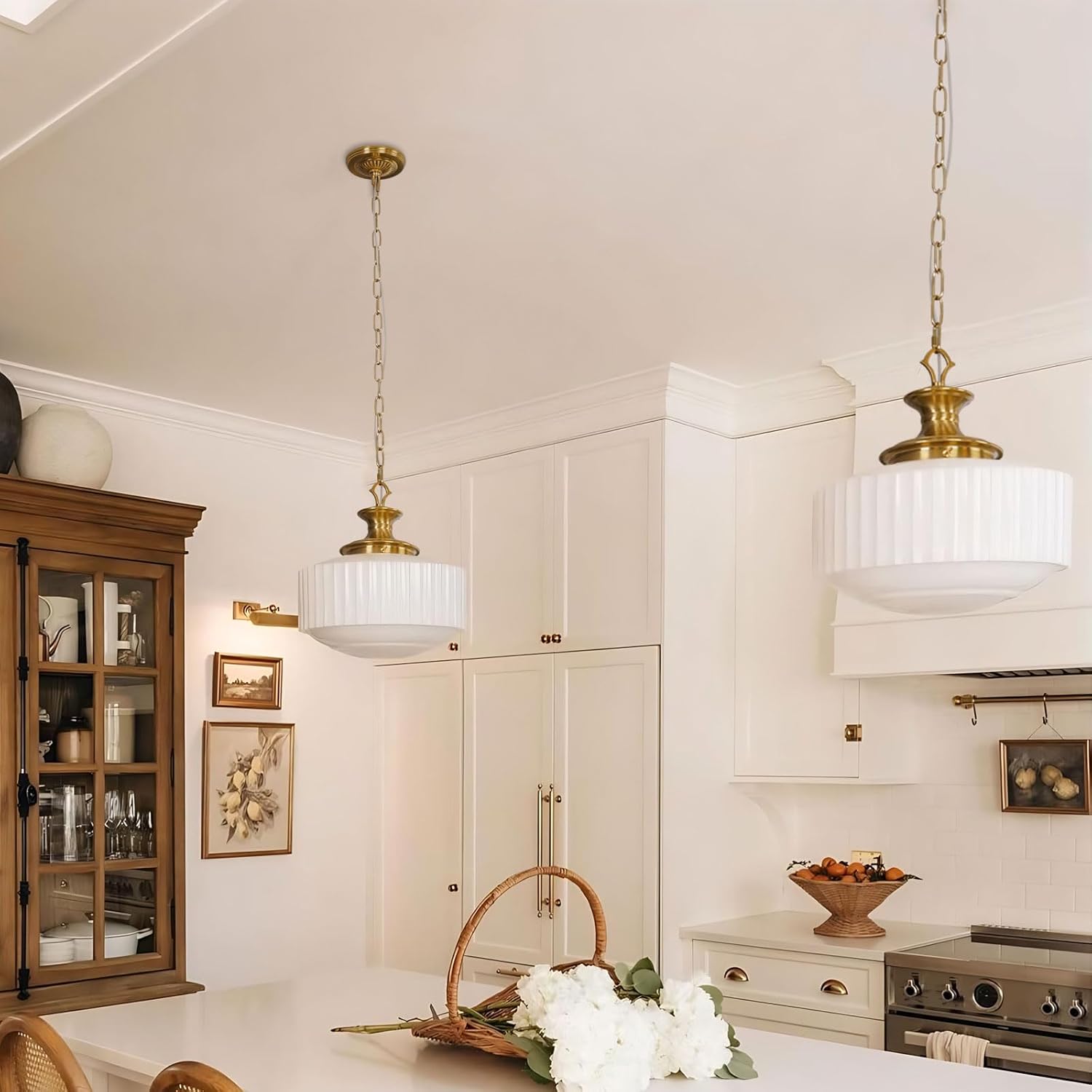 Vintage Brass Milk Glass Pendant Light Fixture, 13.8" White Pleated Glass Chandelier, Antique Pendant Lights, for Kitchen Island Lighting, Hallway, Bedroom, Dining Room, Foyer, E26 Bulb Included