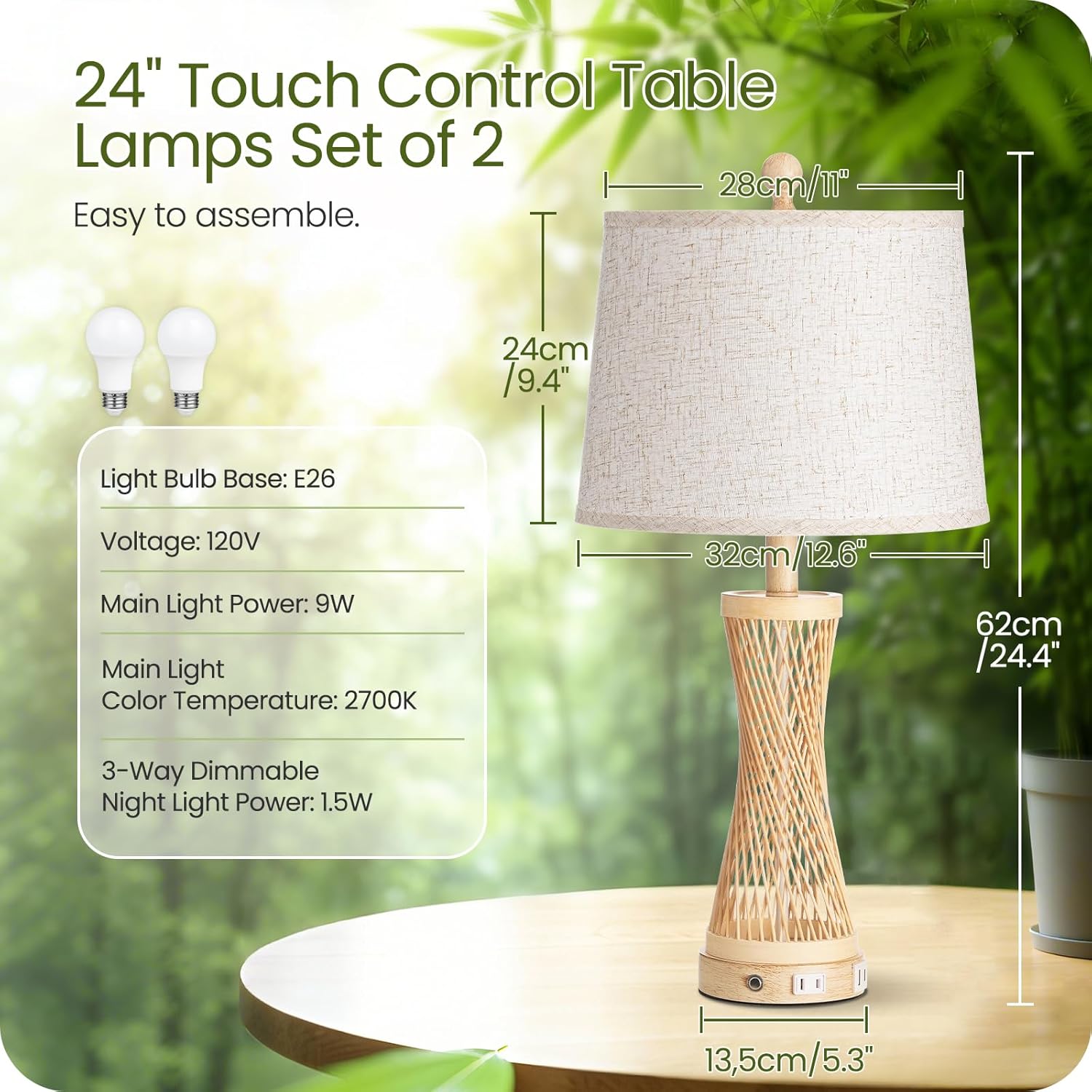24.4” Farmhouse Rattan Table Lamps Set of 2, Touch Bedside Lamps for Bedroom with 3-Way Dimmable Night Light, USB A+C Charging Ports, Bamboo Boho Nightstand Lamp with Beige Linen Shade H04TL05