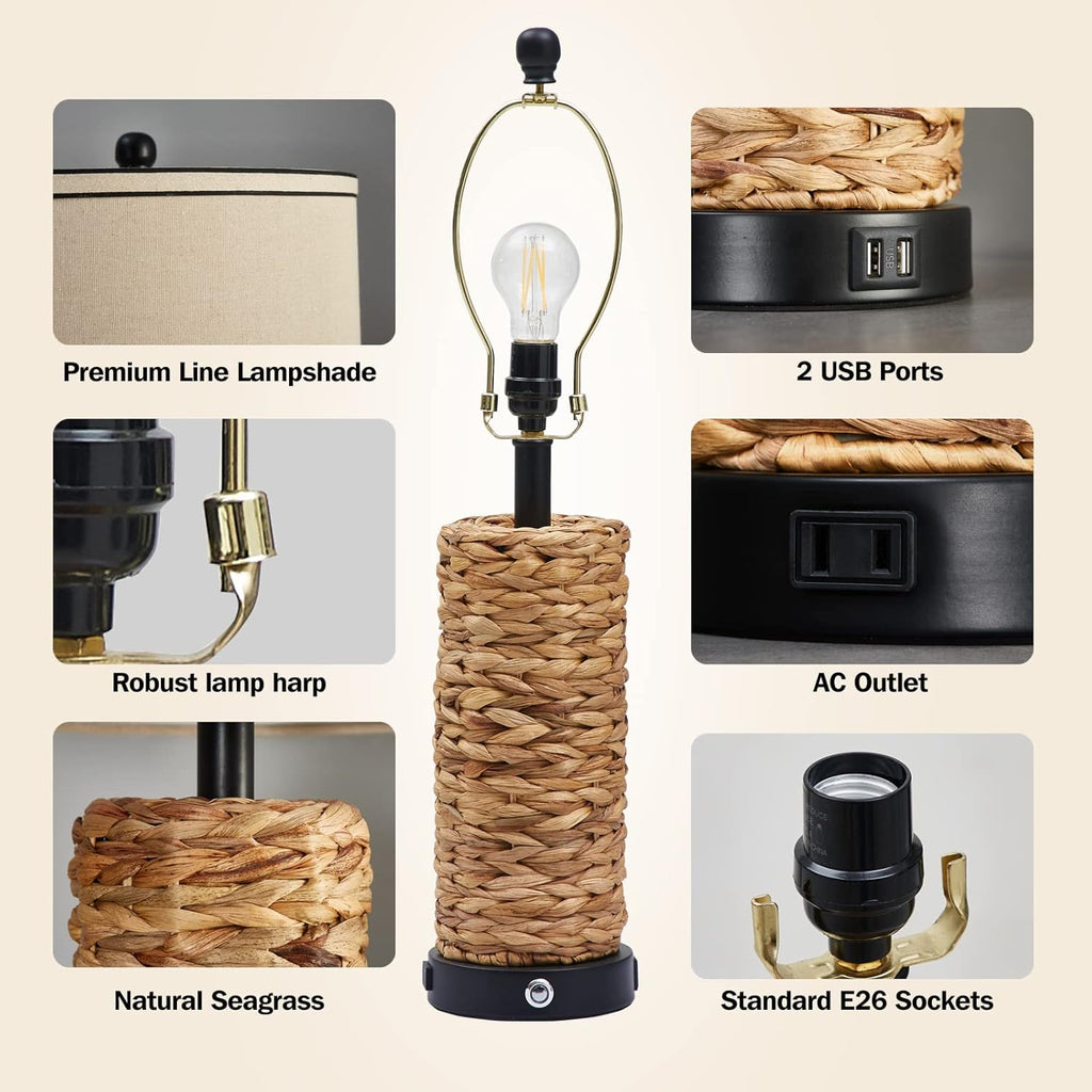 GyroVu Rattan Table Lamp Set of 2, Wicker Lamps, Dimmable Touch Seagrass Table lamp with 2 USB Ports and 1 AC Outlet for Bedroom Nightstand Table, Livingroom End Table, Bulbs Include
