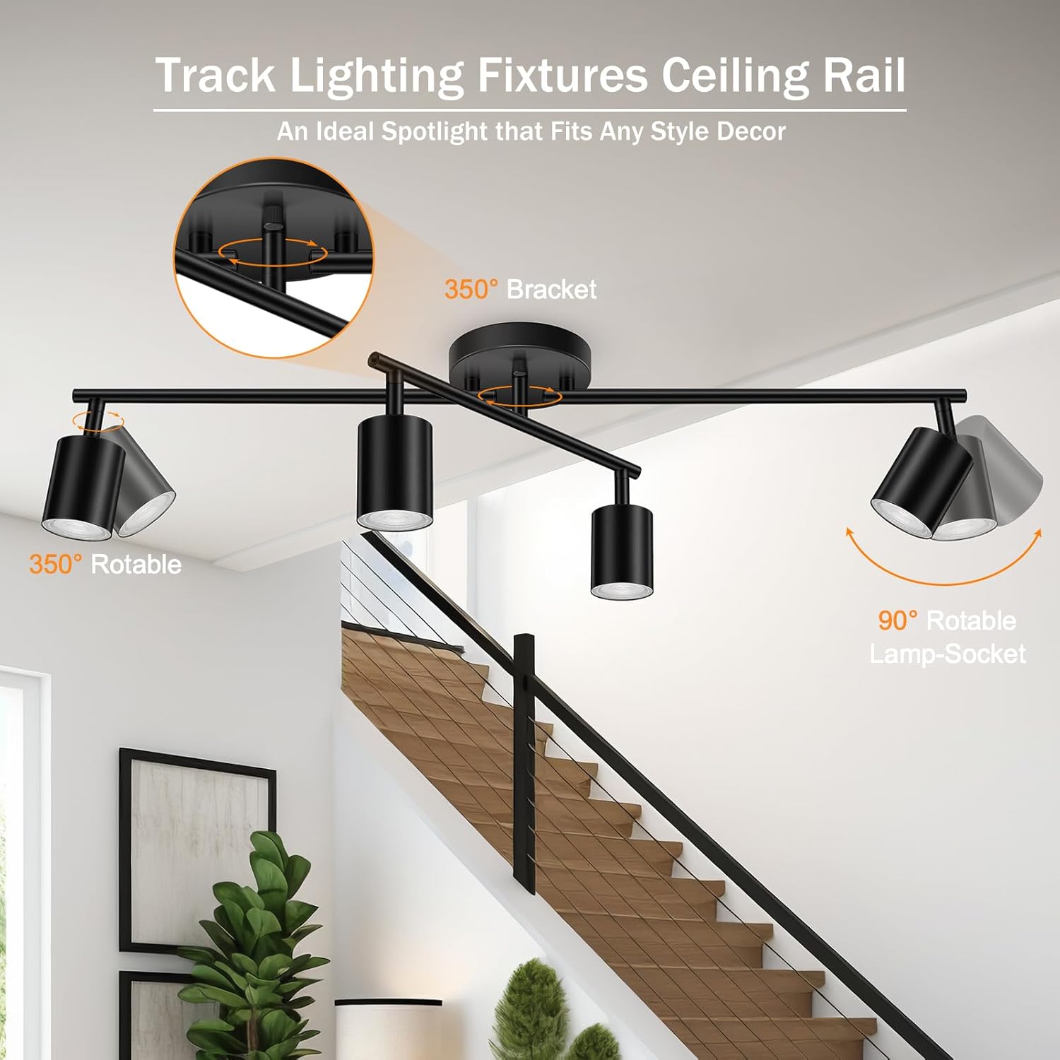 4 Light Track Lighting Kit Kitchen, Black Track Lighting Fixtures Ceiling, 4 Way Modern Flexible Spot Track Lighting, Industrial LED Lights for Room Hallway Bedroom(GU10 Socket, Bulb Not Included)