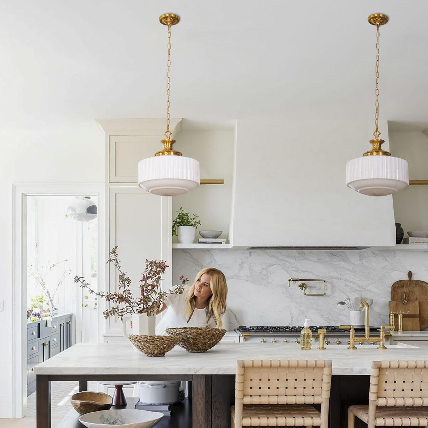 Vintage Brass Milk Glass Pendant Light Fixture, 13.8" White Pleated Glass Chandelier, Antique Pendant Lights, for Kitchen Island Lighting, Hallway, Bedroom, Dining Room, Foyer, E26 Bulb Included