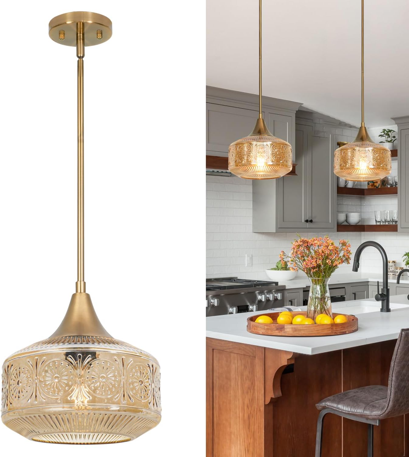 9'' Antique Gold Pendant Light with Clear Glass, Vintage Adjustable Pendant Lights Kitchen Island Brushed Pendant Lights Convertible Ceiling Mount Or Hanging Fixture for Hallway Bathroom,Brown Bronze
