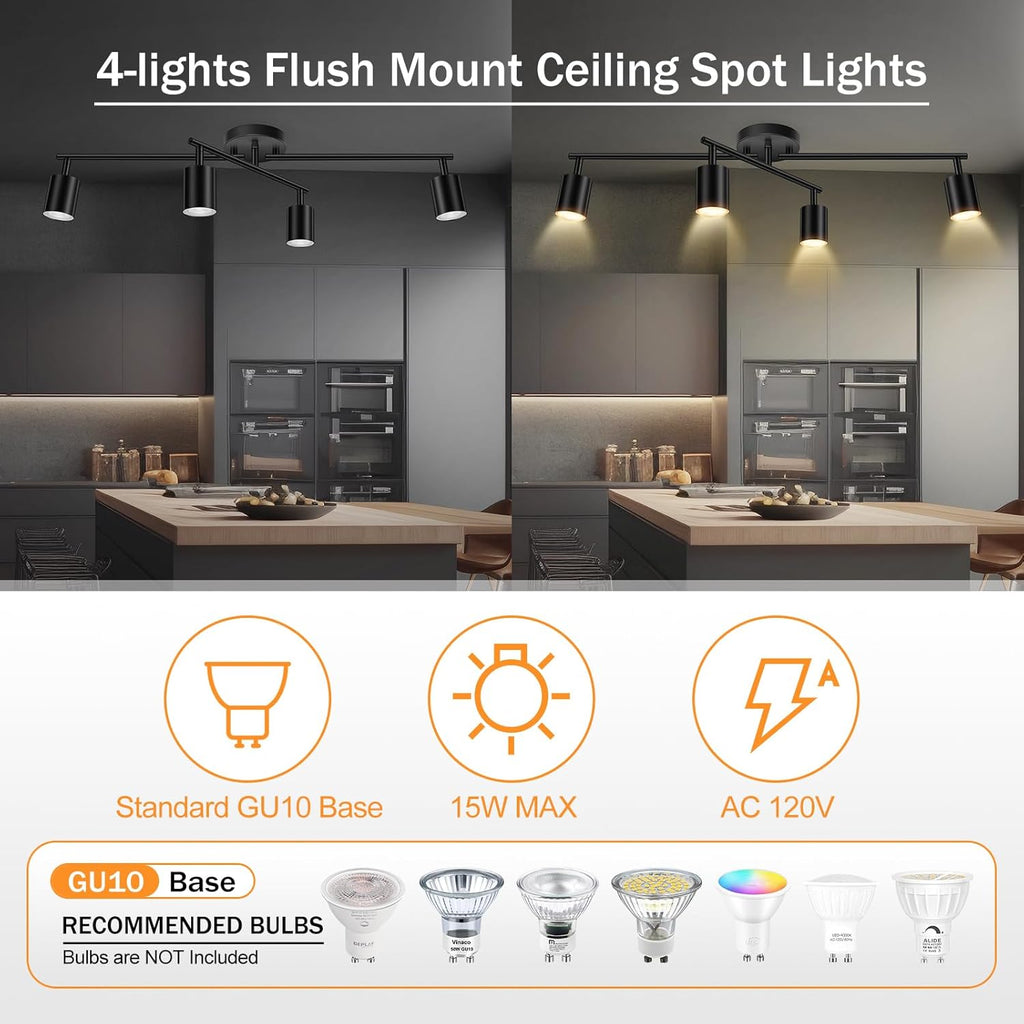 4 Light Track Lighting Kit Kitchen, Black Track Lighting Fixtures Ceiling, 4 Way Modern Flexible Spot Track Lighting, Industrial LED Lights for Room Hallway Bedroom(GU10 Socket, Bulb Not Included)