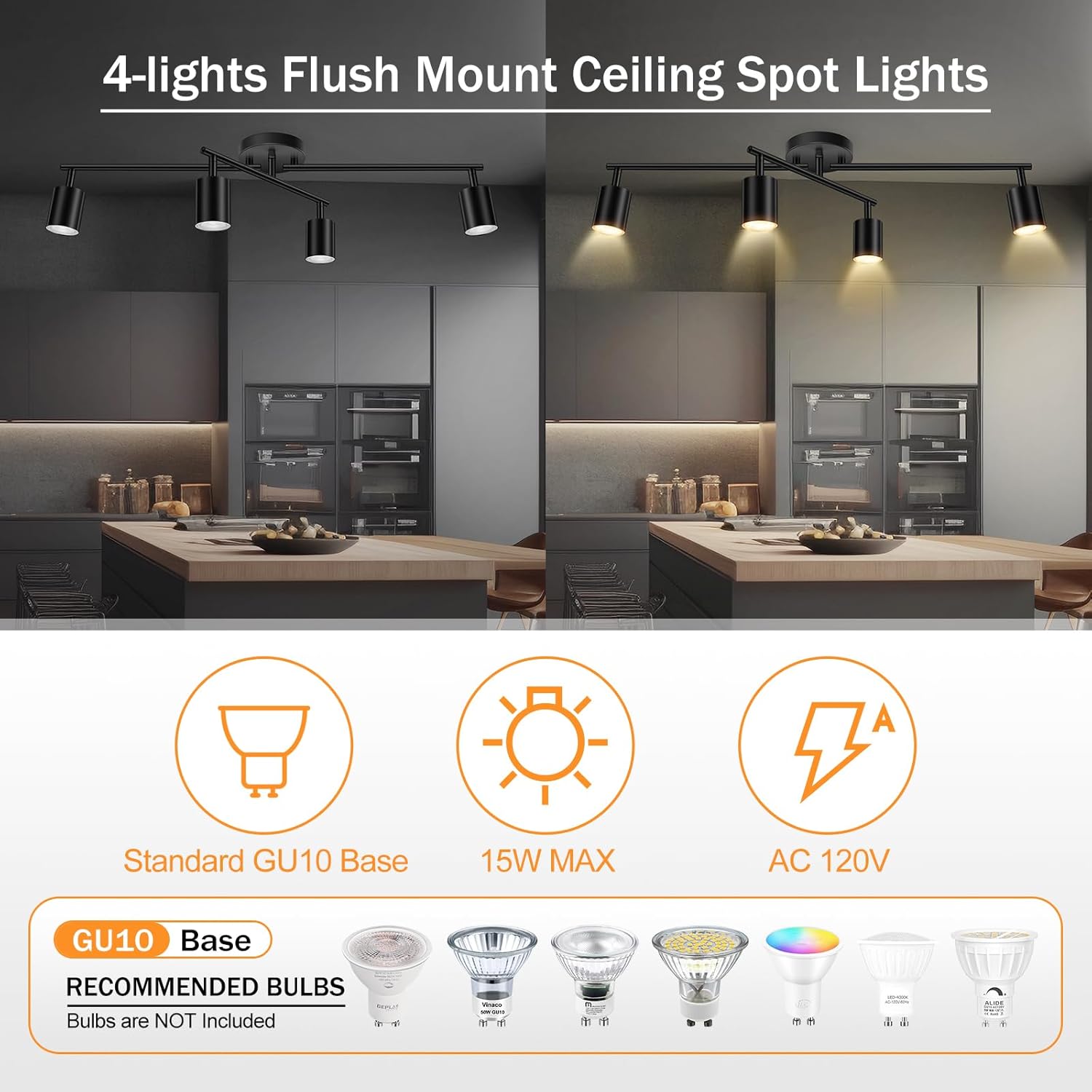 4 Light Track Lighting Kit Kitchen, Black Track Lighting Fixtures Ceiling, 4 Way Modern Flexible Spot Track Lighting, Industrial LED Lights for Room Hallway Bedroom(GU10 Socket, Bulb Not Included)