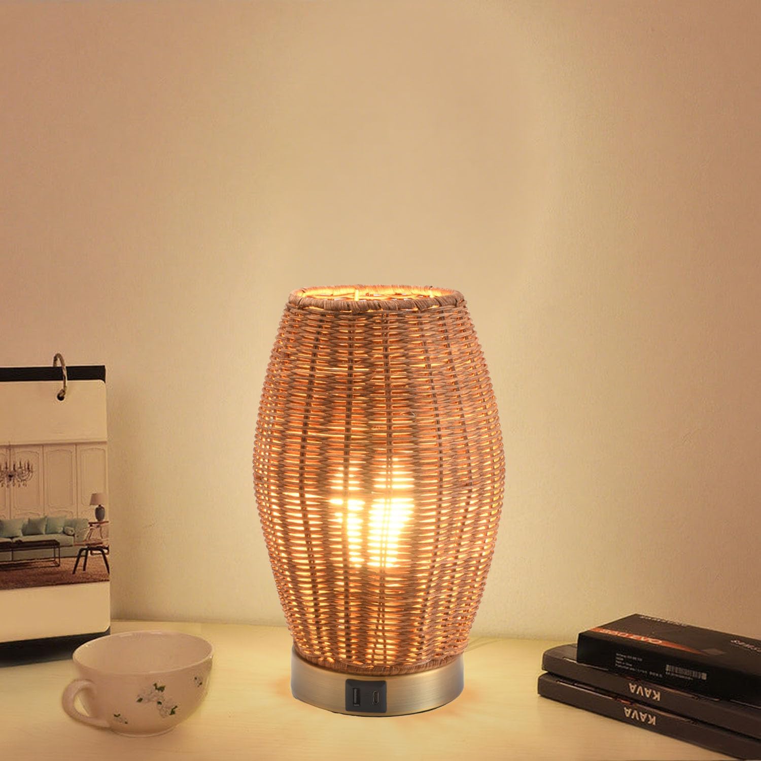 MAINDECO Boho Style Rattan Table Lamp,Dimmable Bamboo Desk Lamp,Touch & USB Charger Port,Oven Brown Rattan