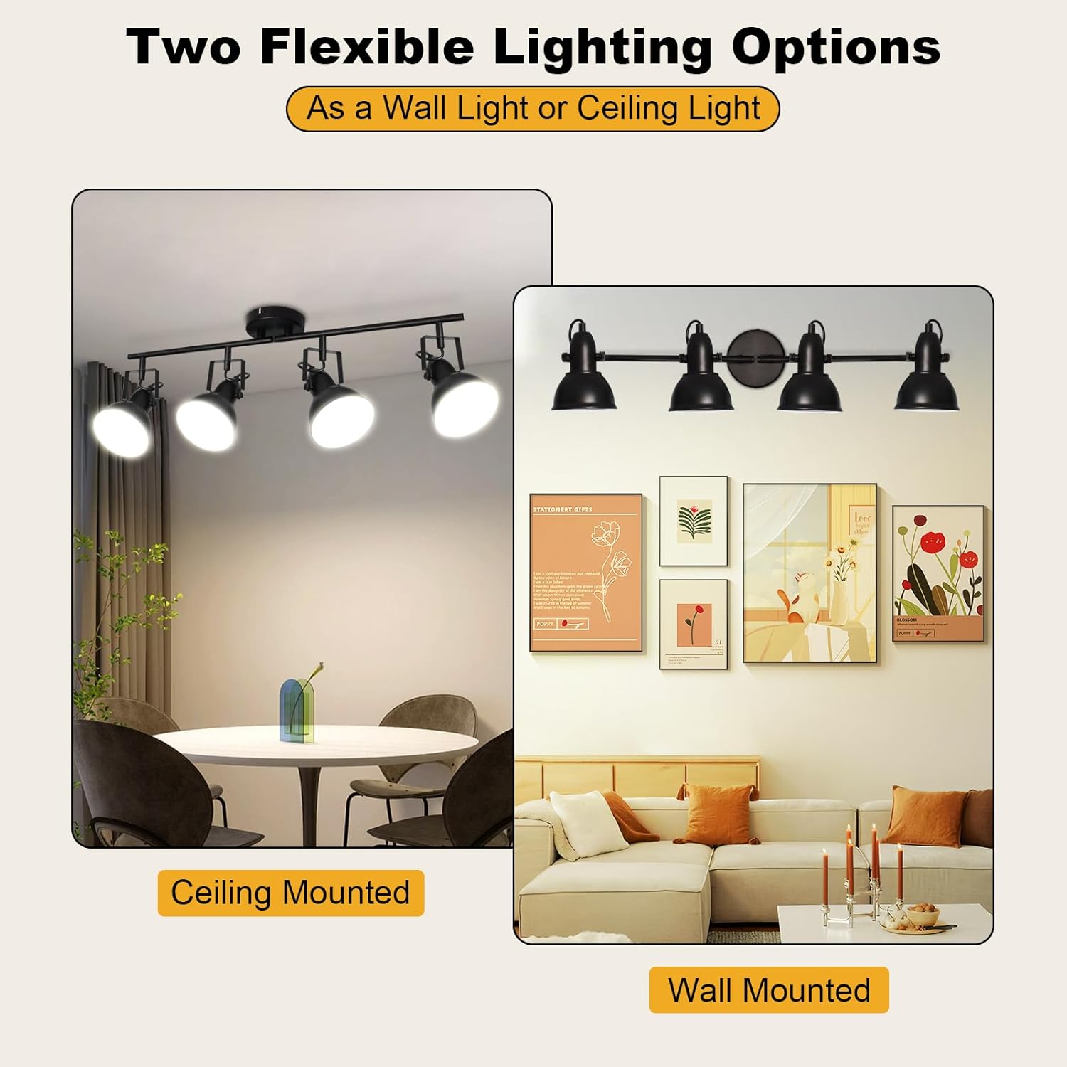 HiBay Track Lighting Fixtures Ceiling, Adjustable 4-Light Ceiling Spot Light, Industrial LED Track Lights Black Spotlight Indoor for Kitchen, Dining Room, Bedroom, E26 Base (Bulb Not Included)