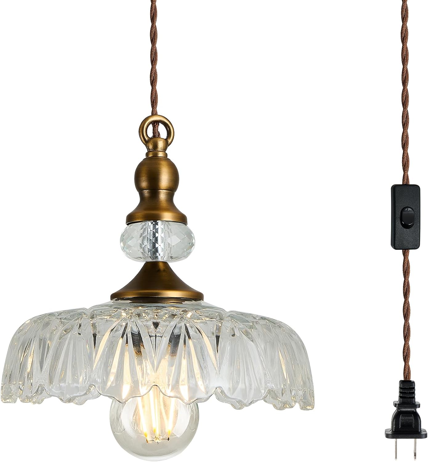 CVKASH Vintage Glass Pendant Light Fixture Brass Modern Adjustable Chandelier Farmhouse Hanging Light for Hallway Porch Kitchen Bedroom Coffee Shop Dining Room Island