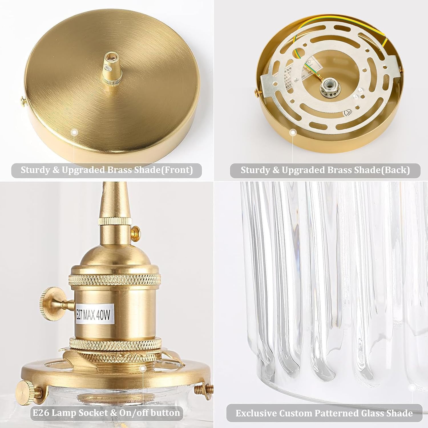 Shenmoyl Pendant Light 2 Pack with Clear Striped Glass Lmapshade, Brass Vintage Pendant Light Adjustable Hanging Light for Kitchen Island Dining Room Hallway