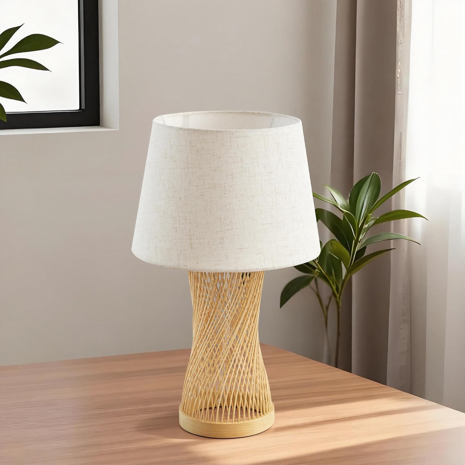 Booniture Handwoven Bamboo Table Lamp,Boho Style Bedside Lamp with Linen Shade,Natural Bamboo Weave Desk Lamp for Bedroom Living Room Tea Room,Beige