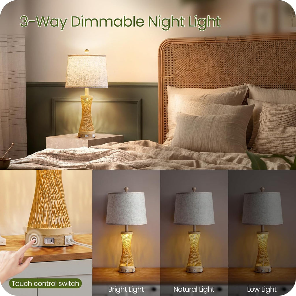 24.4” Farmhouse Rattan Table Lamps Set of 2, Touch Bedside Lamps for Bedroom with 3-Way Dimmable Night Light, USB A+C Charging Ports, Bamboo Boho Nightstand Lamp with Beige Linen Shade H04TL05