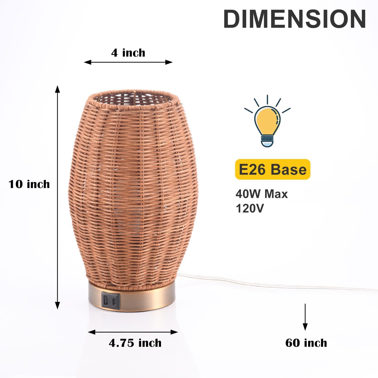 MAINDECO Boho Style Rattan Table Lamp,Dimmable Bamboo Desk Lamp,Touch & USB Charger Port,Oven Brown Rattan