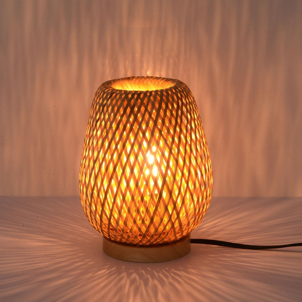 MAINDECO Boho Style Rattan Table Lamp,Dimmable Bamboo Desk Lamp,Touch & USB Charger Port,Oven Brown Rattan