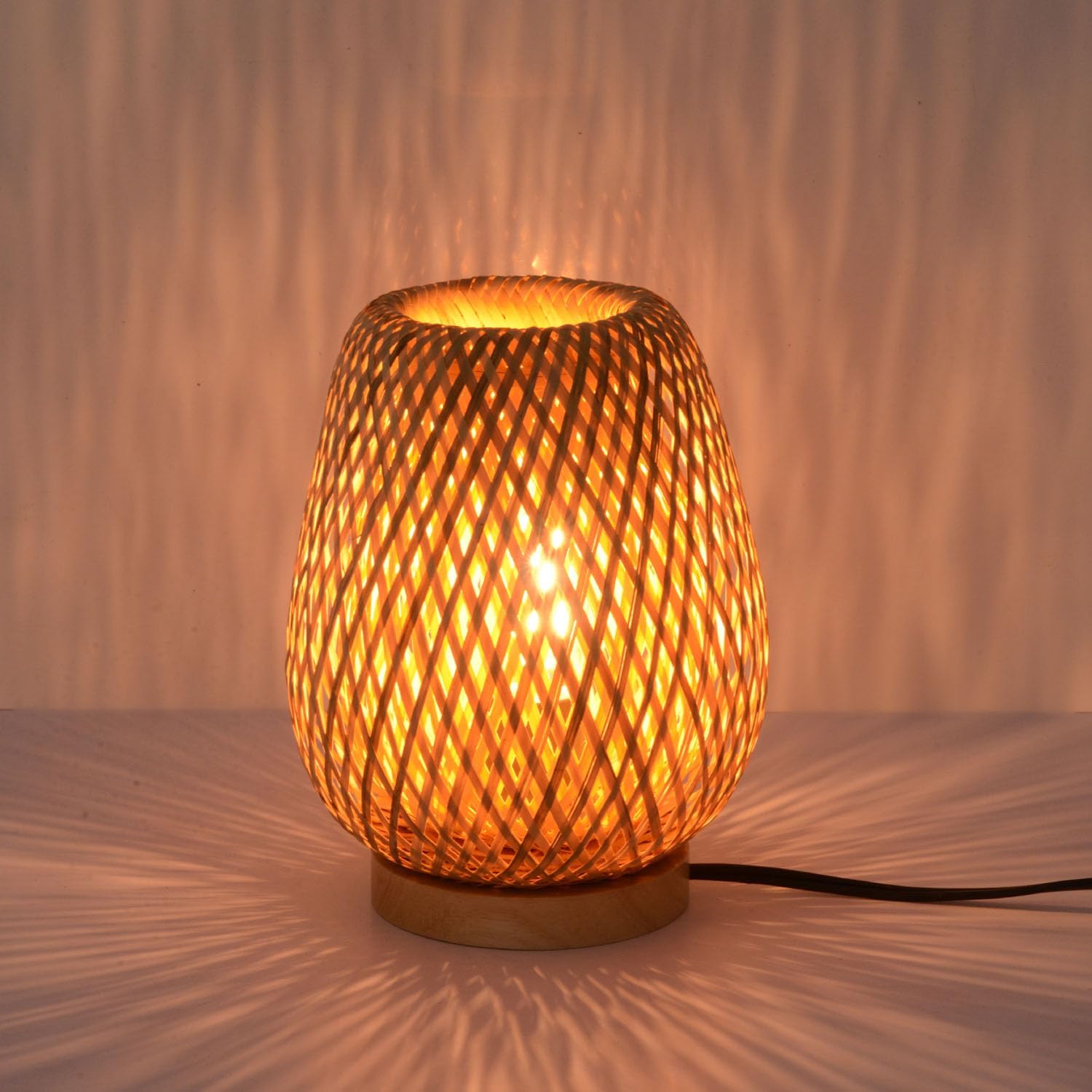MAINDECO Boho Style Rattan Table Lamp,Dimmable Bamboo Desk Lamp,Touch & USB Charger Port,Oven Brown Rattan