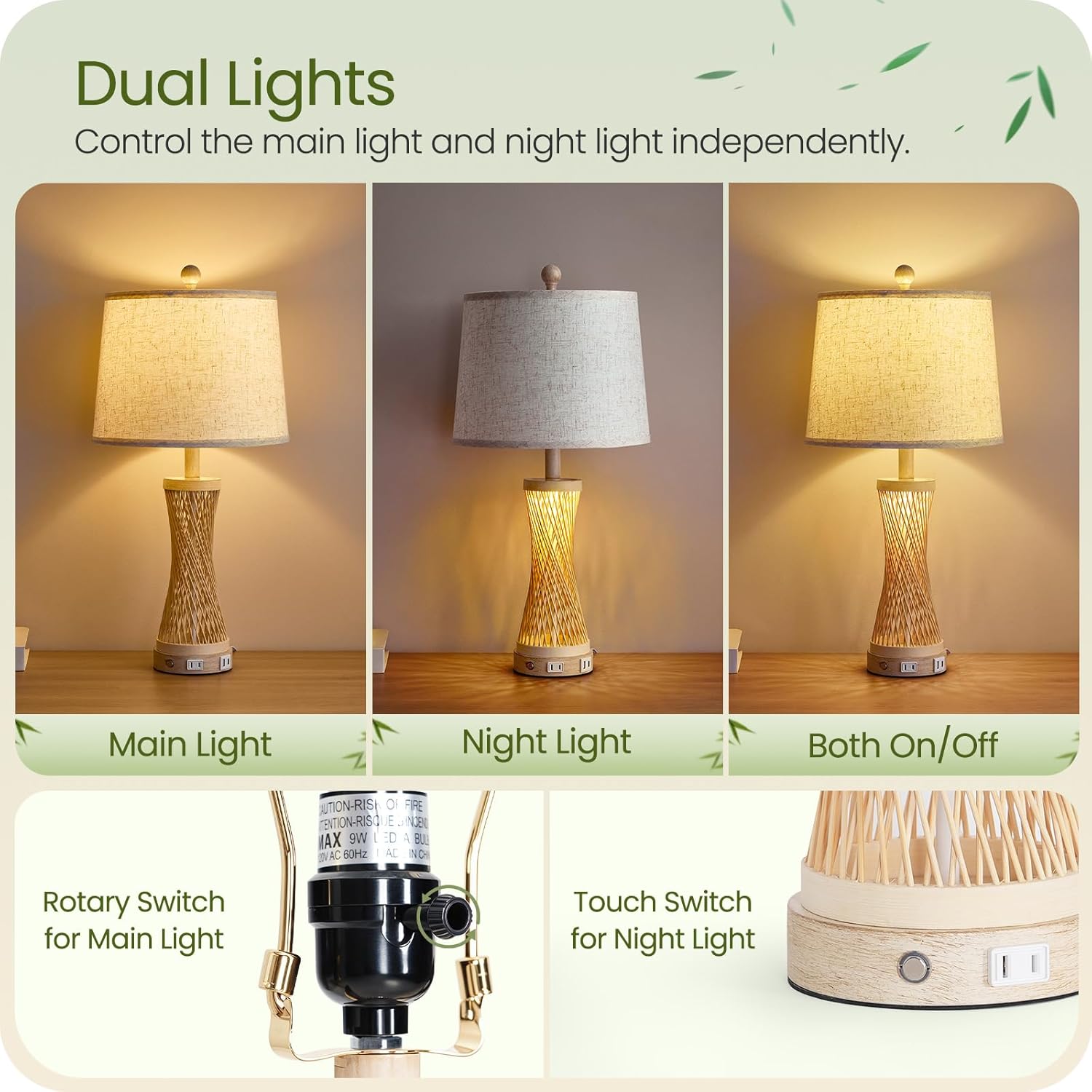 24.4” Farmhouse Rattan Table Lamps Set of 2, Touch Bedside Lamps for Bedroom with 3-Way Dimmable Night Light, USB A+C Charging Ports, Bamboo Boho Nightstand Lamp with Beige Linen Shade H04TL05