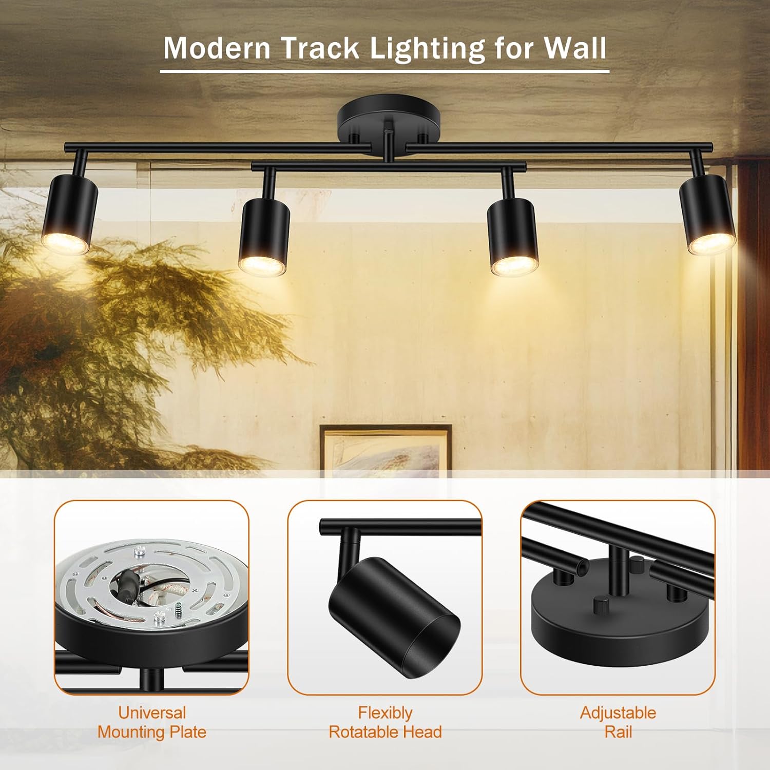 4 Light Track Lighting Kit Kitchen, Black Track Lighting Fixtures Ceiling, 4 Way Modern Flexible Spot Track Lighting, Industrial LED Lights for Room Hallway Bedroom(GU10 Socket, Bulb Not Included)
