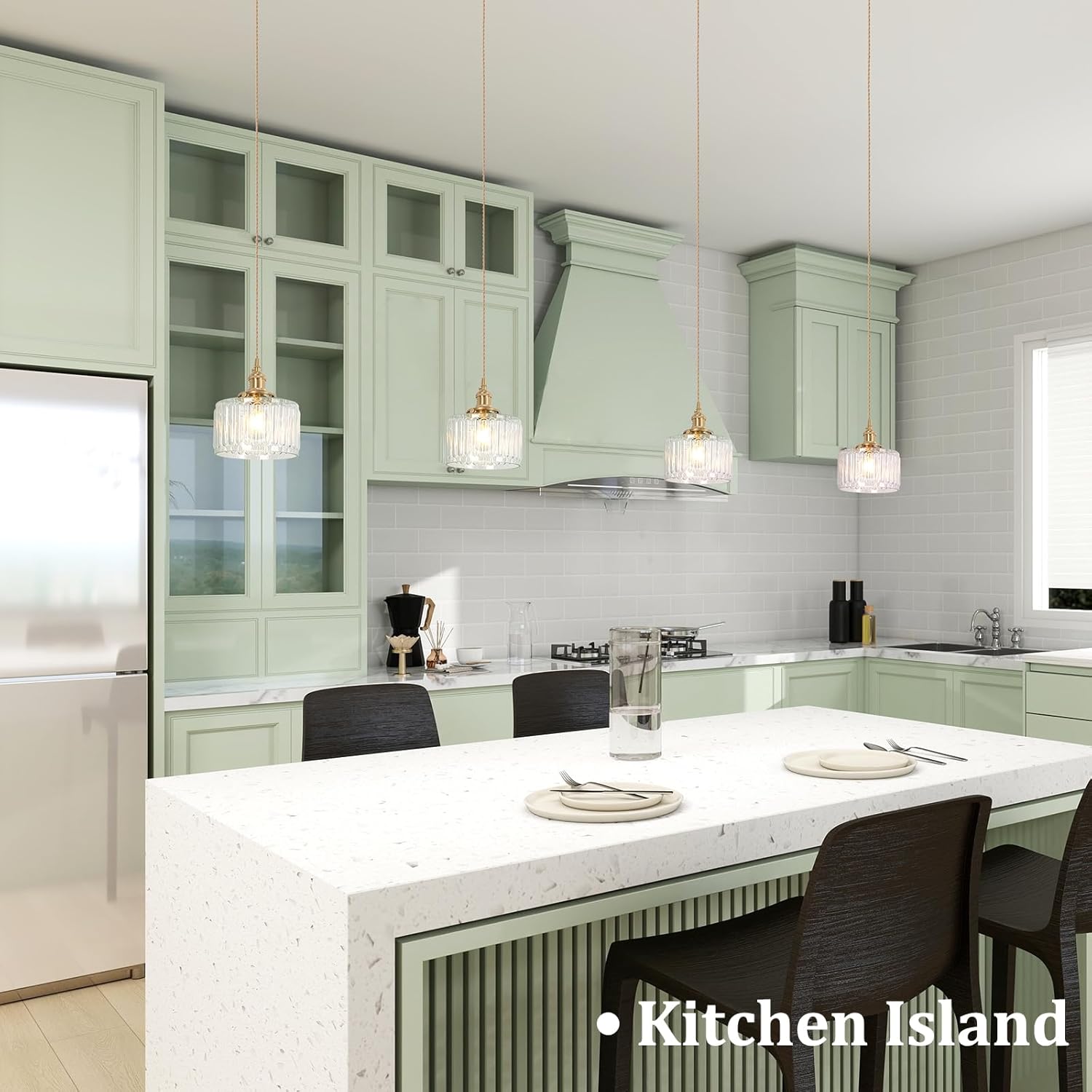 Shenmoyl Pendant Light 2 Pack with Clear Striped Glass Lmapshade, Brass Vintage Pendant Light Adjustable Hanging Light for Kitchen Island Dining Room Hallway