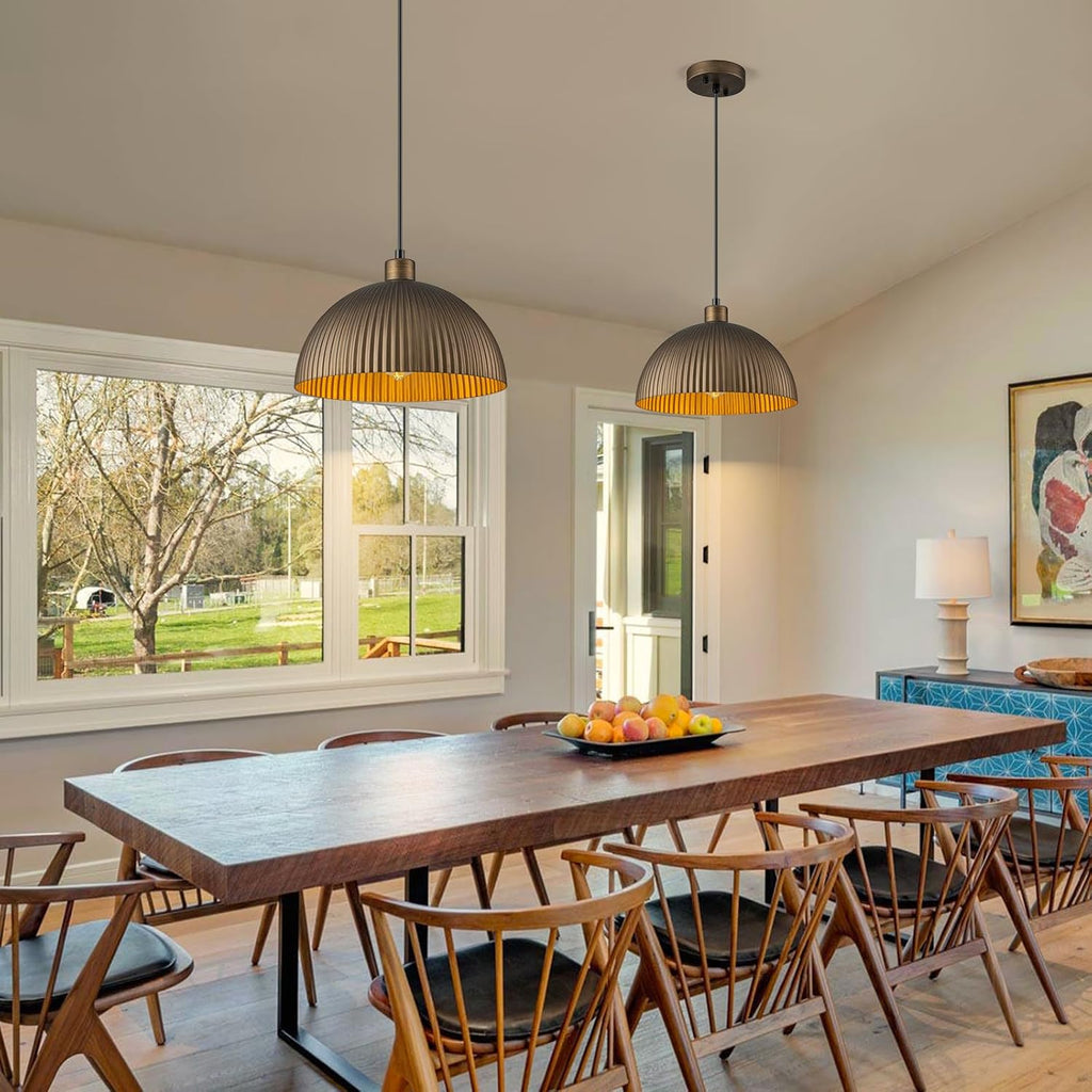 Vintage Antique Brass Dome Pendant Light, 12'' Pendant Lights Kitchen Island, Hanging Ceiling Light Striped Metal Shade