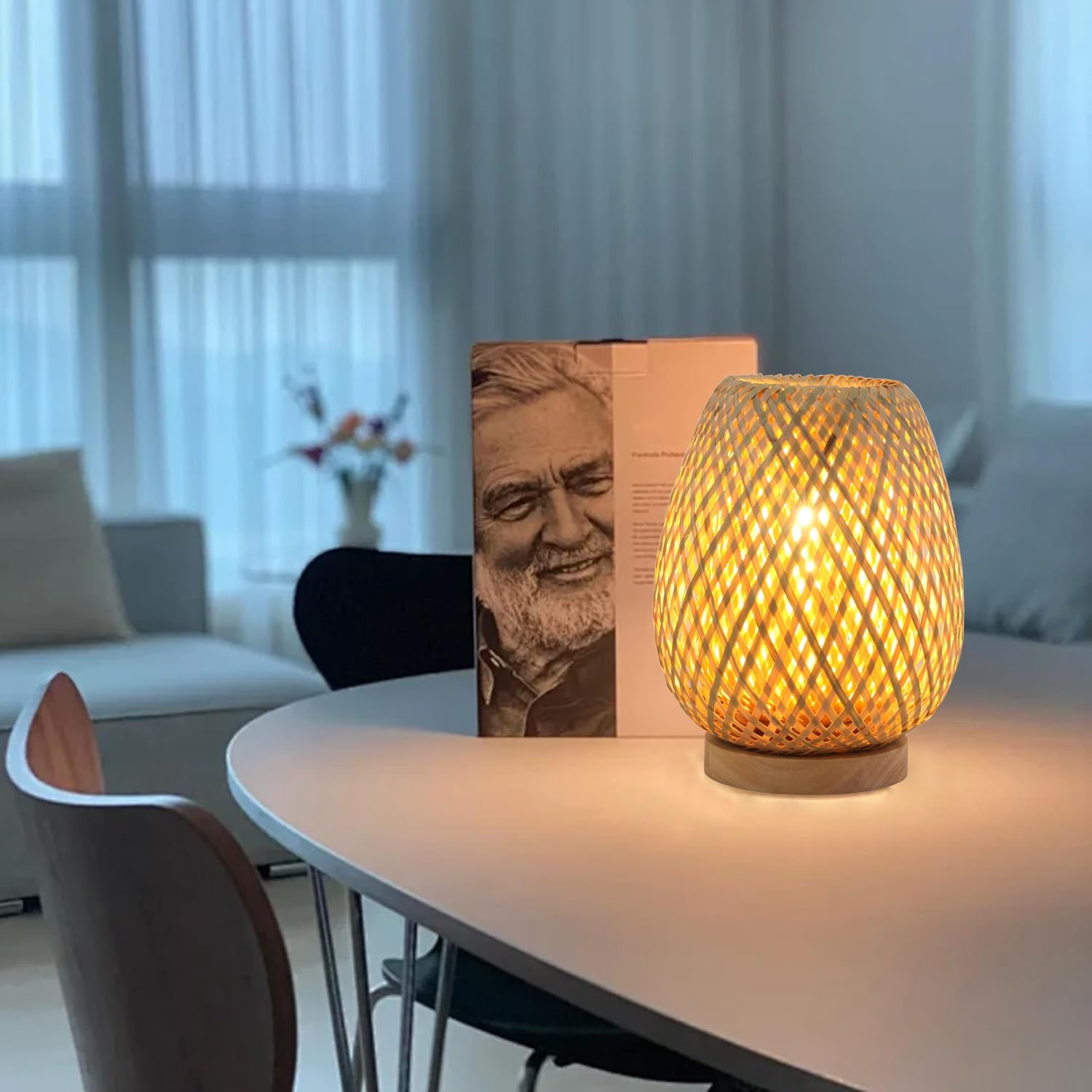 Boho Table Lamp Dimmable Small Rattan Nightstand Lamps For End Table Side, Vintage Wicker Wooden Bamboo Woven Desk bedside Lamps for Bedroom Living Room Kids Room, 2700K T45 LED Bulb Included