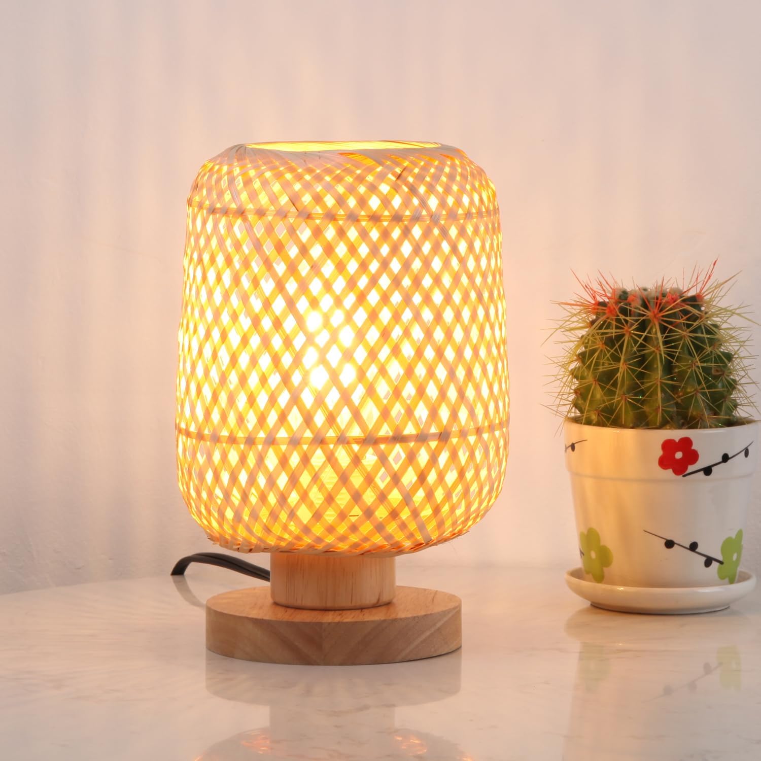 Boho Table Lamp Dimmable Small Rattan Nightstand Lamps For End Table Side, Vintage Wicker Wooden Bamboo Woven Desk bedside Lamps for Bedroom Living Room Kids Room, 2700K T45 LED Bulb Included