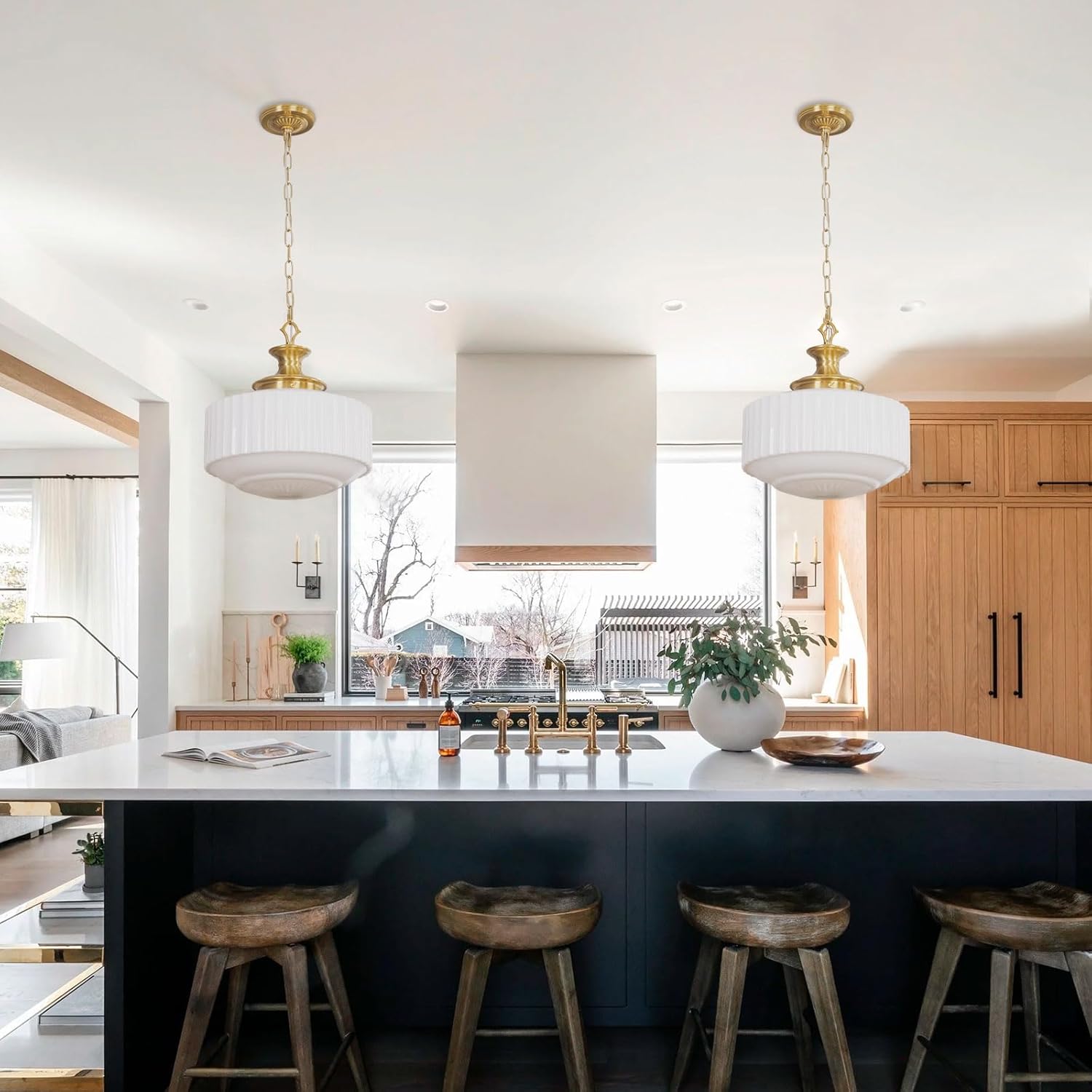 Vintage Brass Milk Glass Pendant Light Fixture, 13.8" White Pleated Glass Chandelier, Antique Pendant Lights, for Kitchen Island Lighting, Hallway, Bedroom, Dining Room, Foyer, E26 Bulb Included