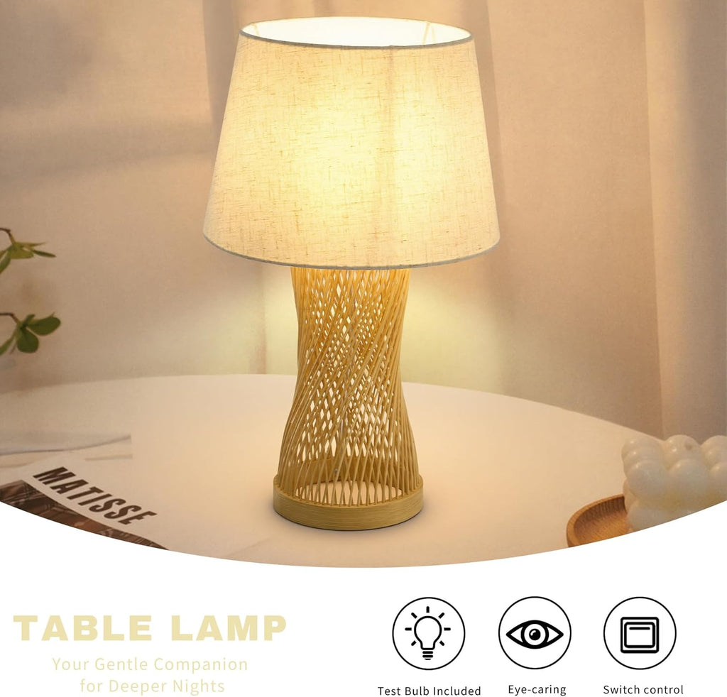 Booniture Handwoven Bamboo Table Lamp,Boho Style Bedside Lamp with Linen Shade,Natural Bamboo Weave Desk Lamp for Bedroom Living Room Tea Room,Beige