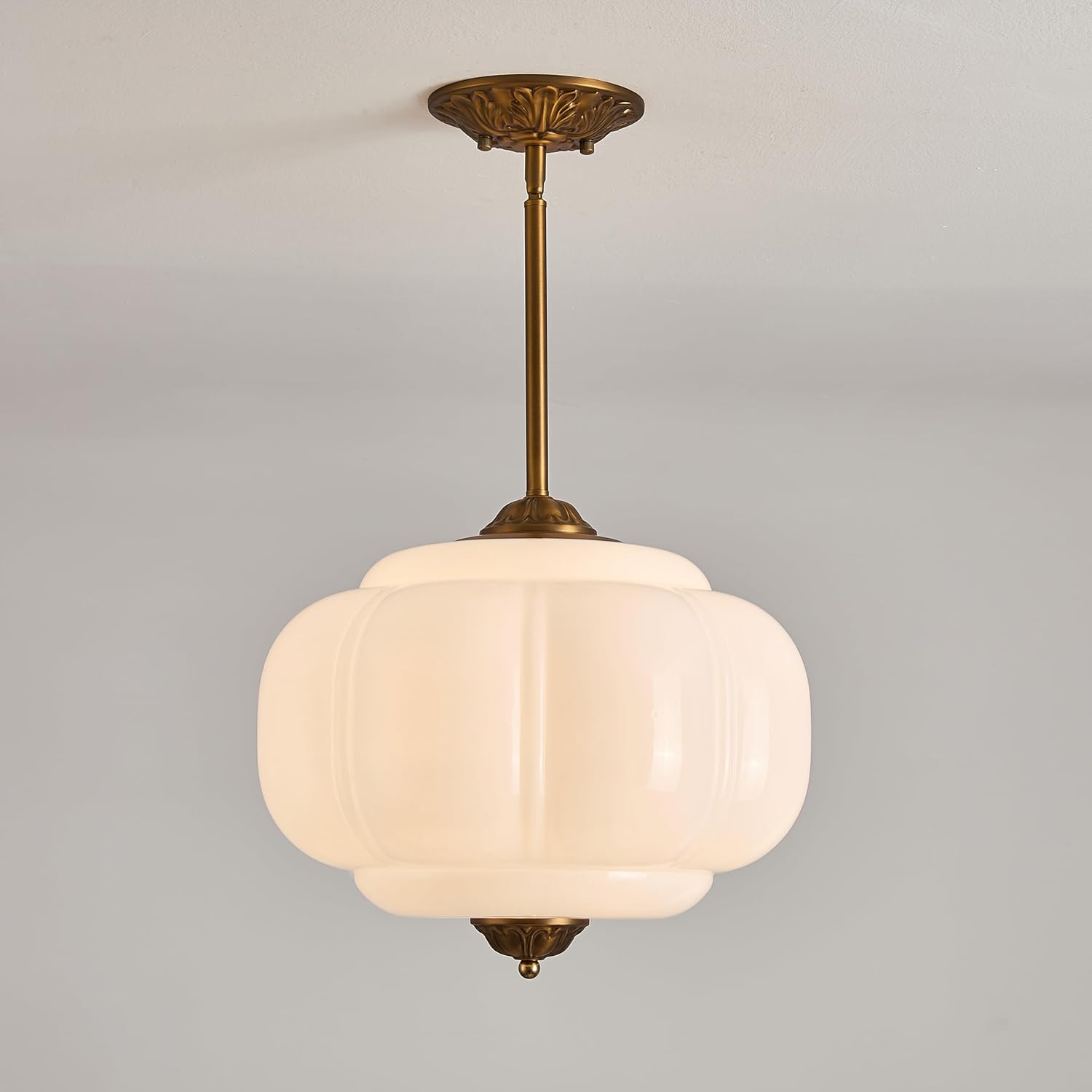 Glazart Luxa Milk Glass Ceiling Light Fixture, 15" Vintage Semi Flush Mount Pendant Light with Antique Brass Finish, Schoolhouse Light Fixture - Antique Chandelier for Kitchen, Hallway, Dining Room