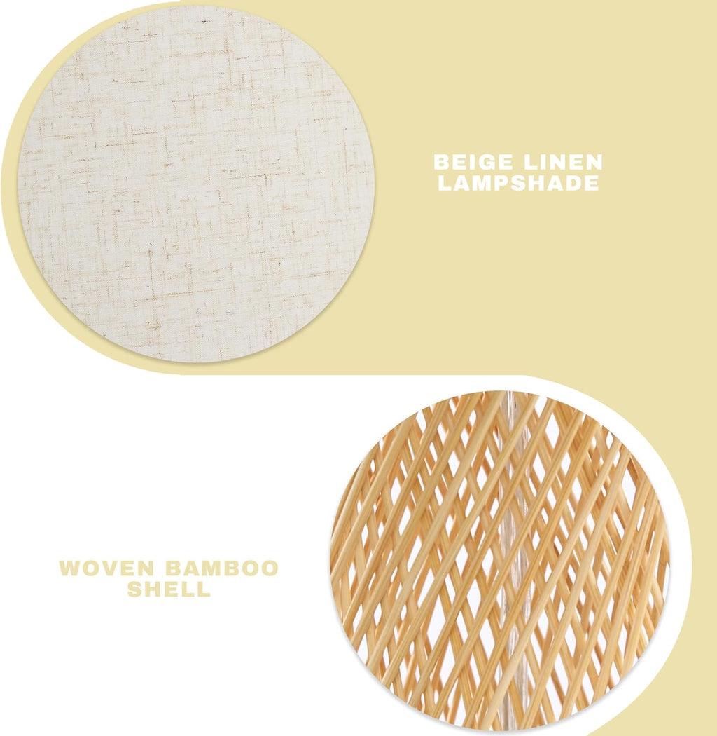 Booniture Handwoven Bamboo Table Lamp,Boho Style Bedside Lamp with Linen Shade,Natural Bamboo Weave Desk Lamp for Bedroom Living Room Tea Room,Beige
