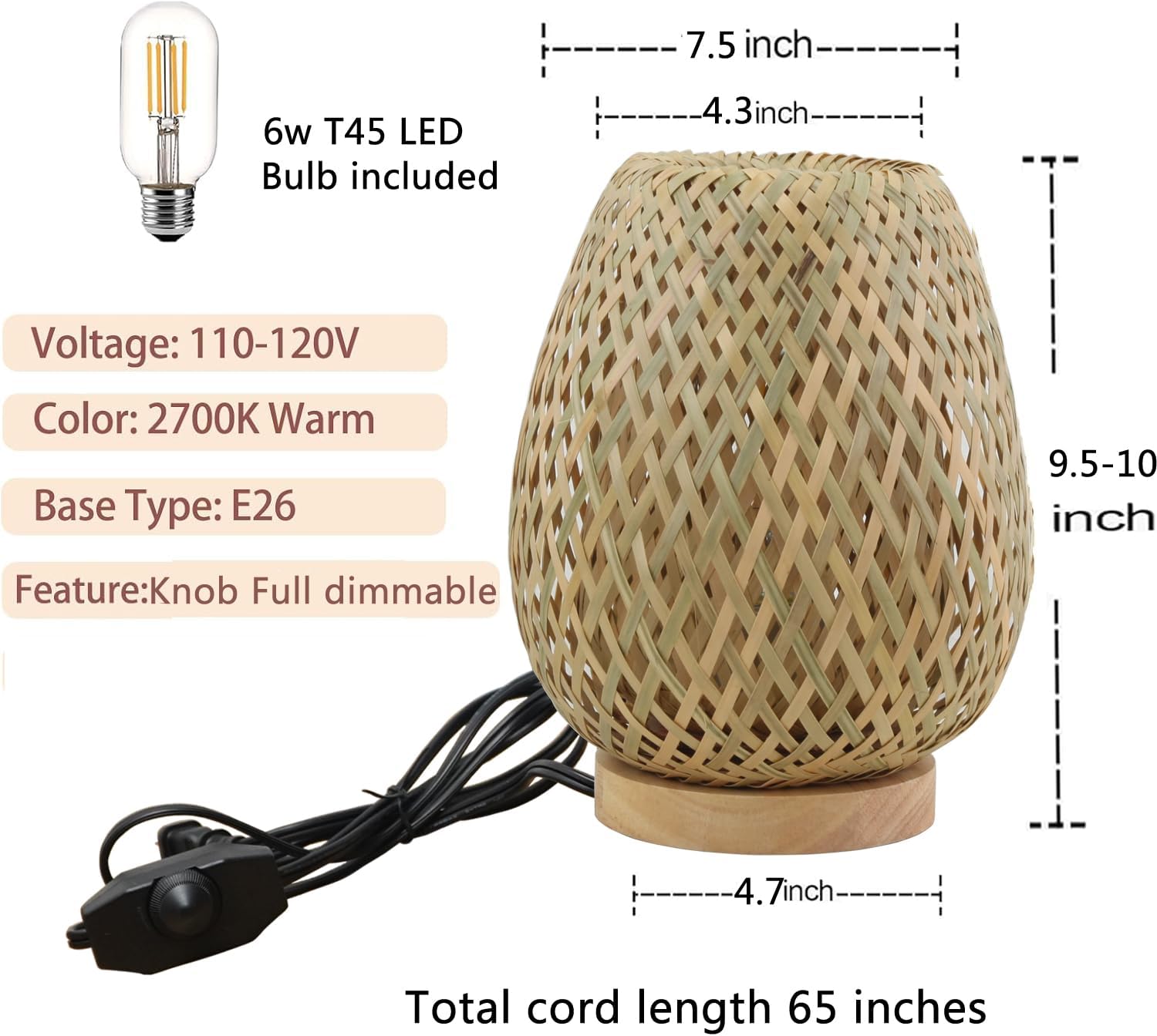 Boho Table Lamp Dimmable Small Rattan Nightstand Lamps For End Table Side, Vintage Wicker Wooden Bamboo Woven Desk bedside Lamps for Bedroom Living Room Kids Room, 2700K T45 LED Bulb Included