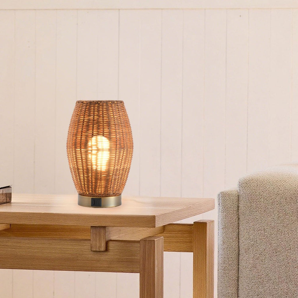 MAINDECO Boho Style Rattan Table Lamp,Dimmable Bamboo Desk Lamp,Touch & USB Charger Port,Oven Brown Rattan