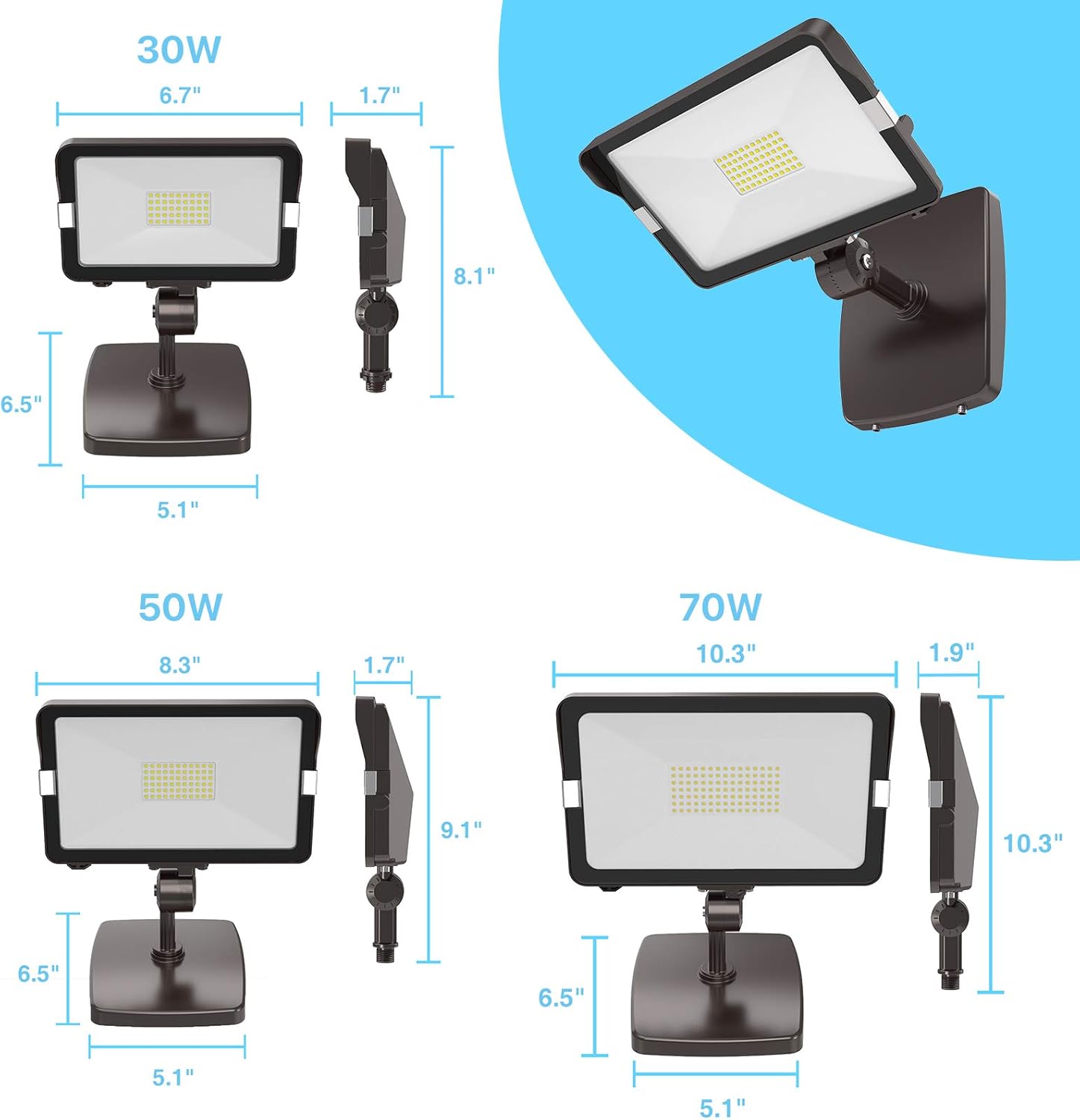 HYPERLITE 70W Flood Lights Outdoor 2 Pack, LED Flood Light with Knuckle Mount, Floodlight Wall Mount 5000K 7,700Lm IP65 Waterproof LED Security Lights for Yard Garden Garage UL Listed