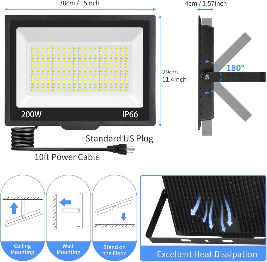 200W LED Flood Light Outdoor with Plug+10ft Wire, 24000Lm Super Brighter Security Light, IP66 Waterproof LED Worklight, 5000K Daylight White Exterior Floodlight for Yard Garden Garage Stadium(2 Pack)