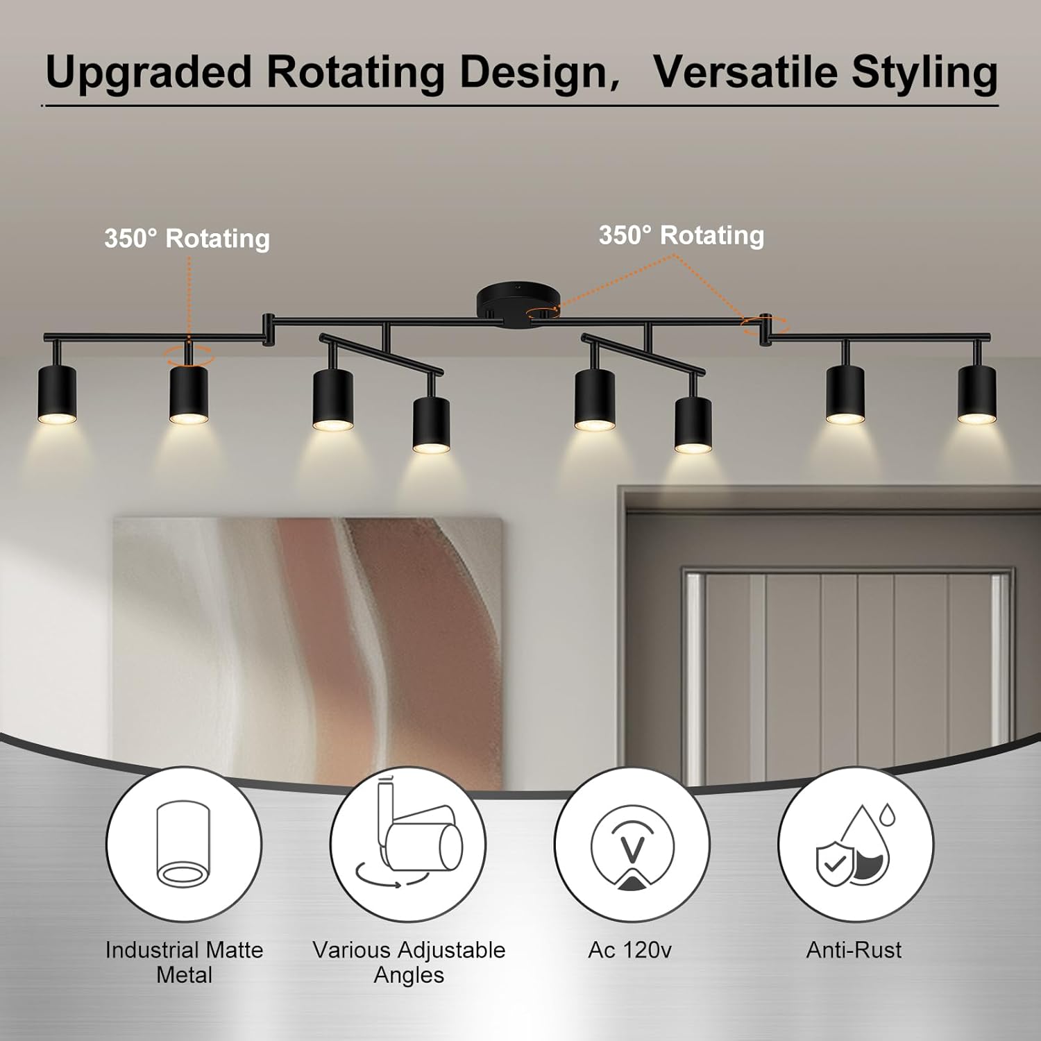 AUQUEE 8 Light Track Lighting Fixtures Ceiling, Matte Black Kichen Track Lighting Fixtures, Rotatable Light Heads, Adjustable Modern LED Track Lights for Kitchen/Hallway, No GU10 Bulb