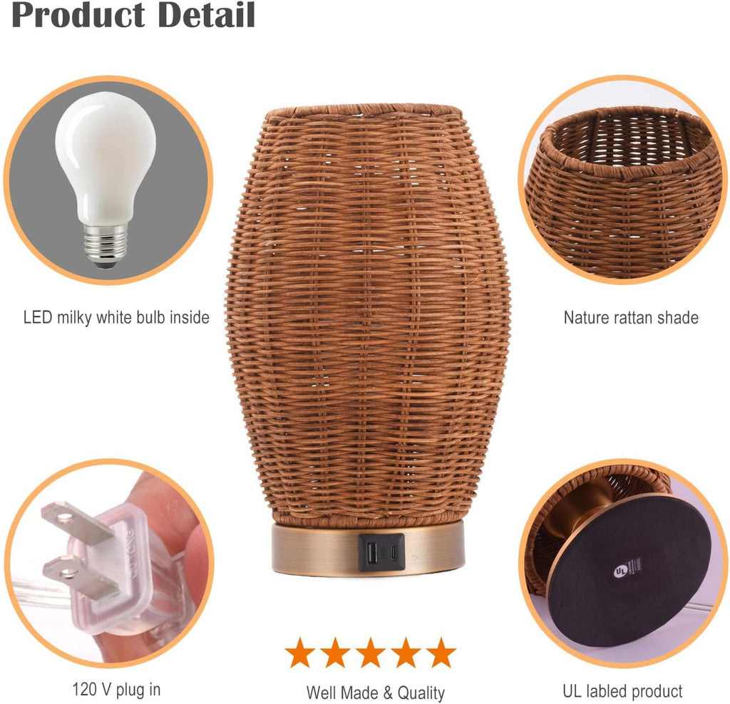 MAINDECO Boho Style Rattan Table Lamp,Dimmable Bamboo Desk Lamp,Touch & USB Charger Port,Oven Brown Rattan