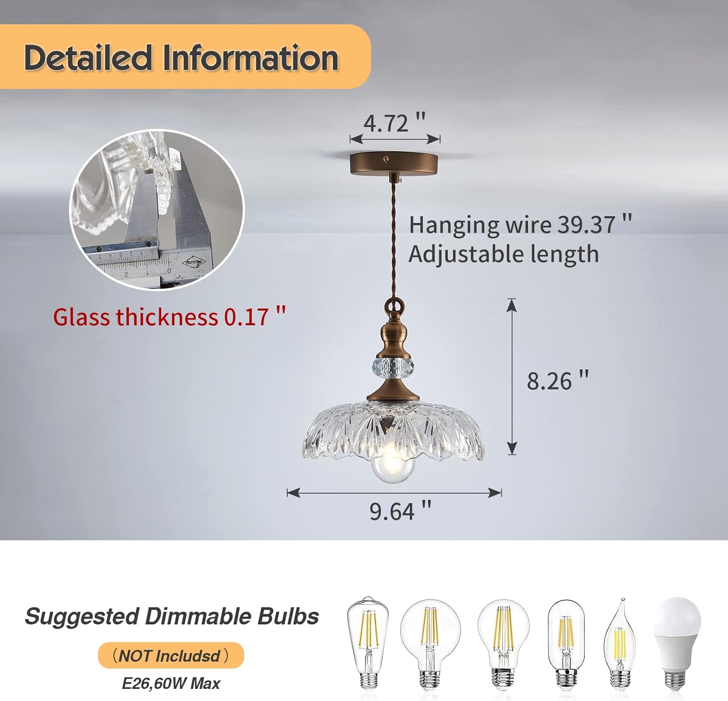 CVKASH Vintage Glass Pendant Light Fixture Brass Modern Adjustable Chandelier Farmhouse Hanging Light for Hallway Porch Kitchen Bedroom Coffee Shop Dining Room Island