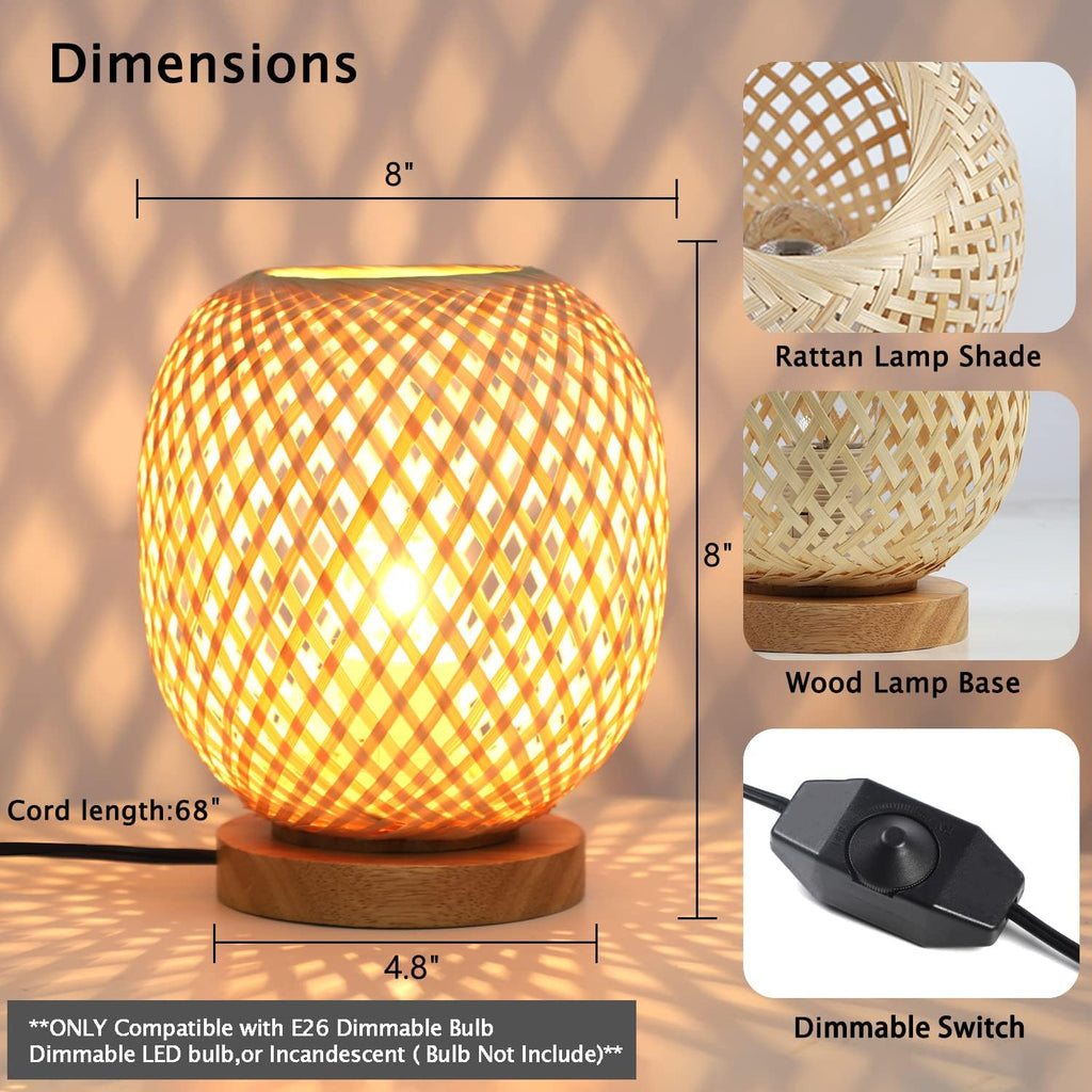 Capslpad Dimmable Rattan Table Lamp - Bamboo Woven Handmade Boho Beside Light, Small Wicker Desktop Nightstand Accent for Kids Living Room, Bedroom, Dorm Decor