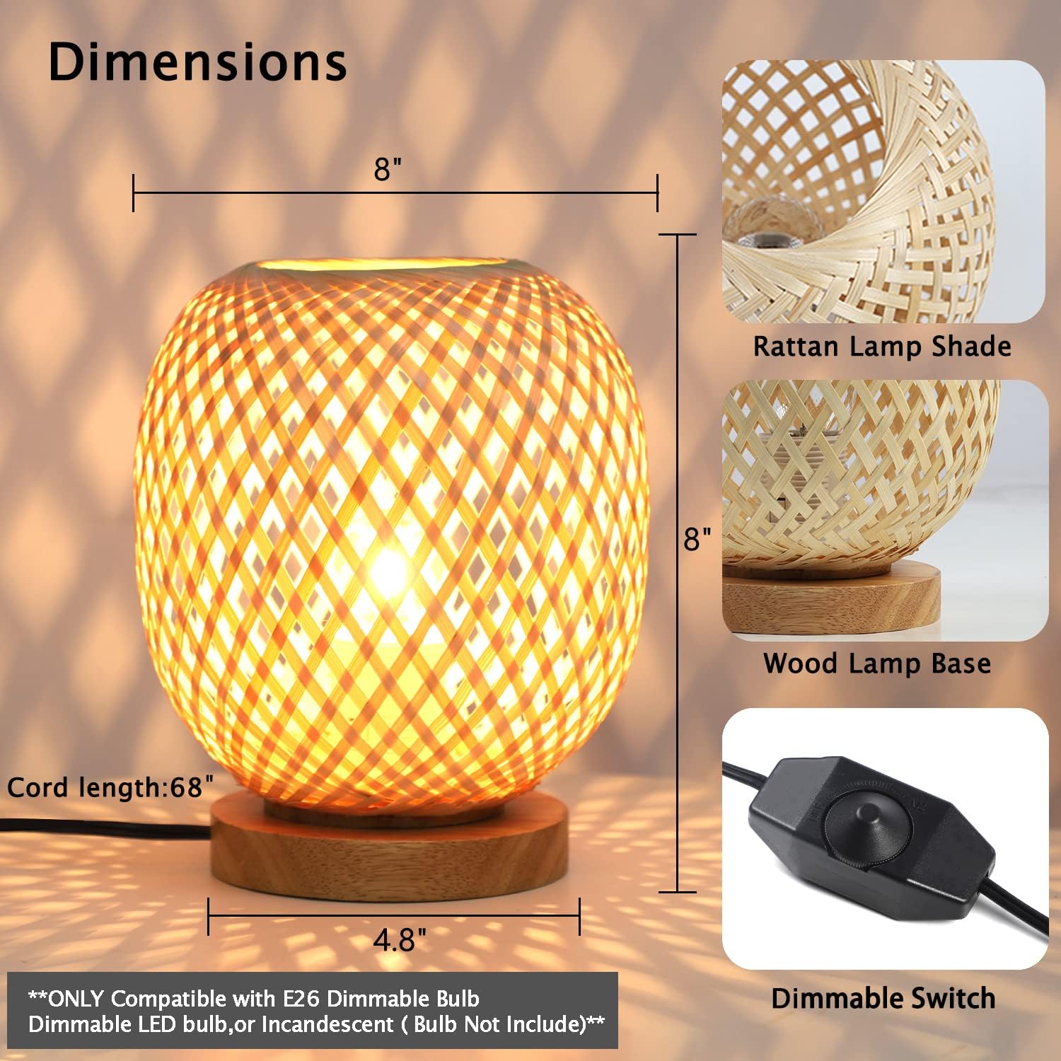 Capslpad Dimmable Rattan Table Lamp - Bamboo Woven Handmade Boho Beside Light, Small Wicker Desktop Nightstand Accent for Kids Living Room, Bedroom, Dorm Decor
