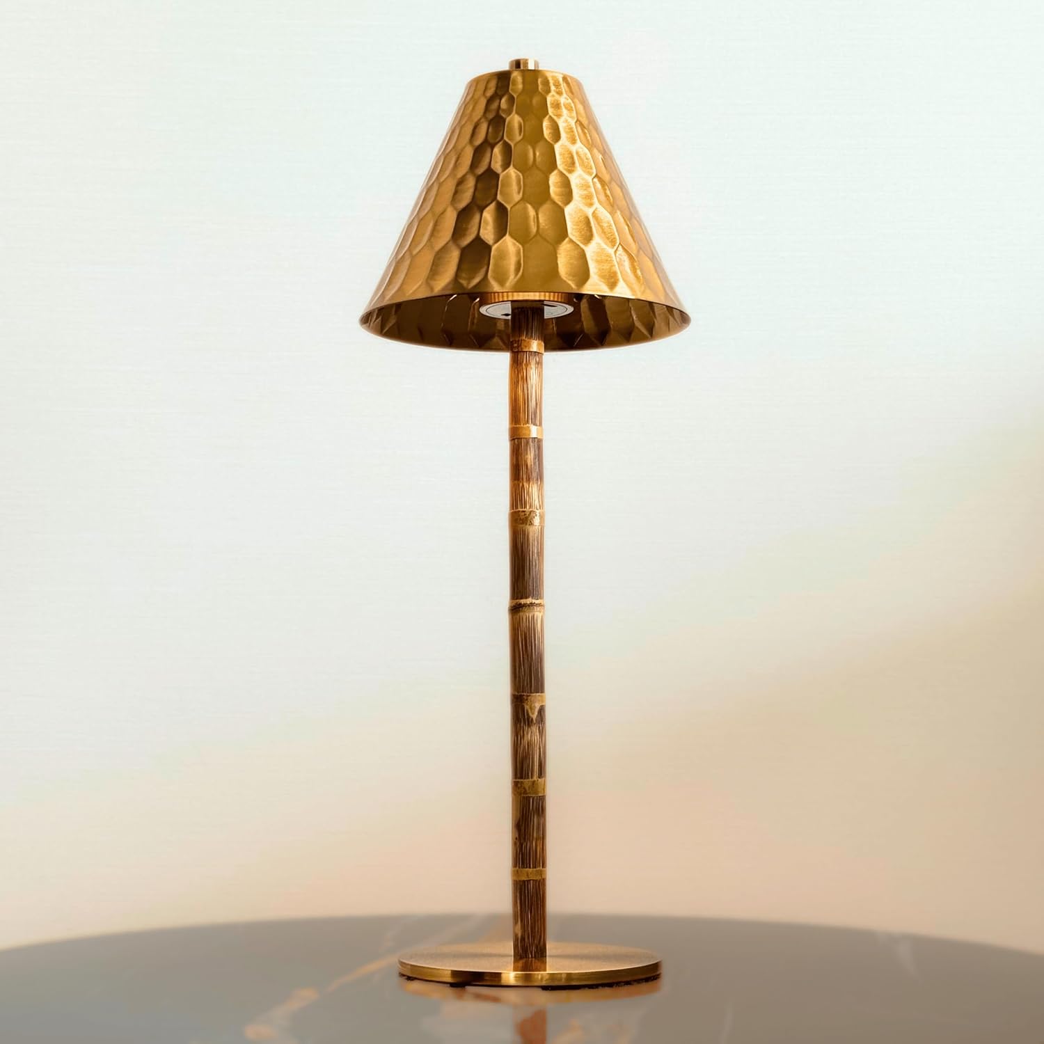 LUXELYKOS Bamboo Cordless LED Table Lamp – Rechargeable 24-Hour Battery, Dimmable Warm Light, 15" Portable Wireless Lamp with Remote for Indoor/Outdoor Use, Home, Patio, Restaurant – Textured Gold