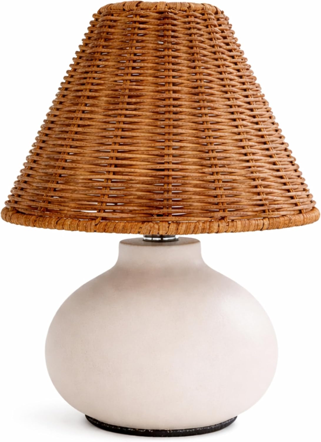 ora bamboo 11" Small Table Lamp – Handmade Ceramic Cream Base with Wicker Rattan Shade, Dimmable Plug-in Nightstand Light for Bedroom, Kitchen Counter, or Small Spaces – Boho Japandi Organic Decor