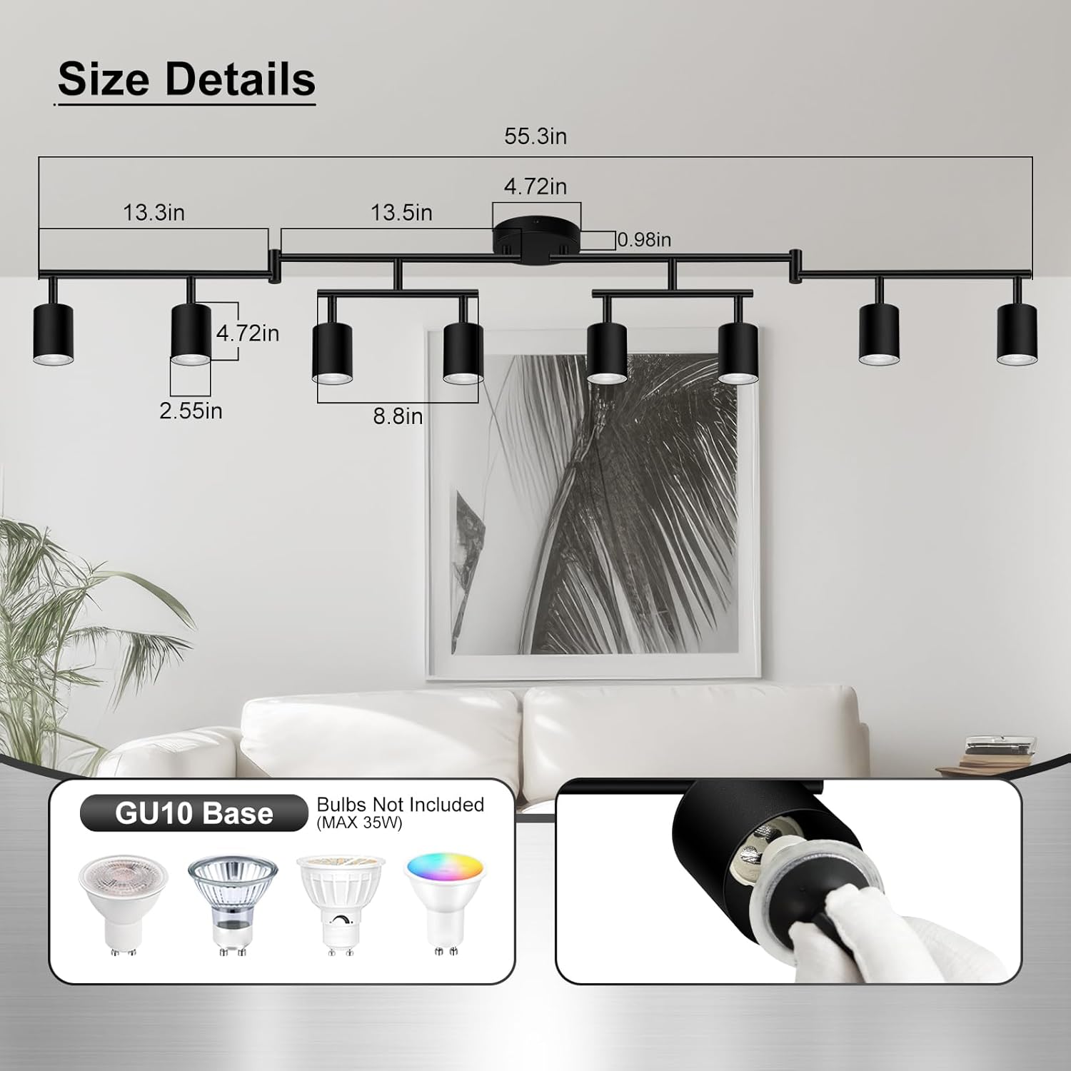 AUQUEE 8 Light Track Lighting Fixtures Ceiling, Matte Black Kichen Track Lighting Fixtures, Rotatable Light Heads, Adjustable Modern LED Track Lights for Kitchen/Hallway, No GU10 Bulb