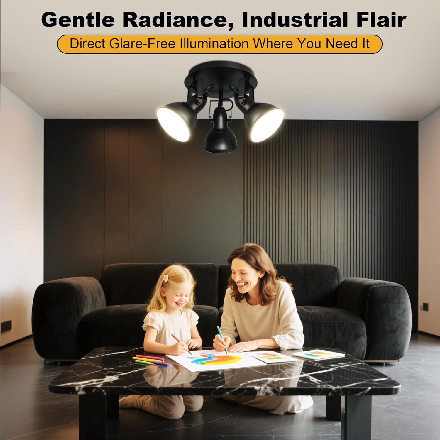 HiBay Ceiling Light Fixtures, 3-Lights Adjustable LED Spotlight, Industrial Track Lighting Black with Round Plate for Kitchen, Living Room, Office, E26 Base, Black (Bulbs Not Included)