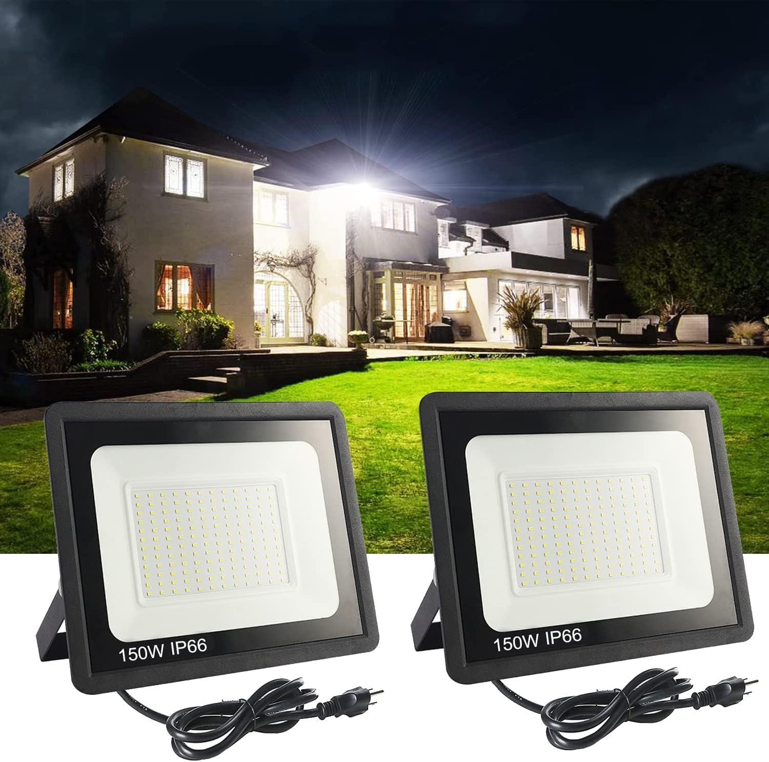 MUCLUD 4Pack LED Flood Light Outdoor,100W LED Work Light 11000lmwith 6FT US Plug,IP66 Waterproof Exterior Security Lights,6000K Daylight White Outside Floodlights Slim Design for Playground Yard